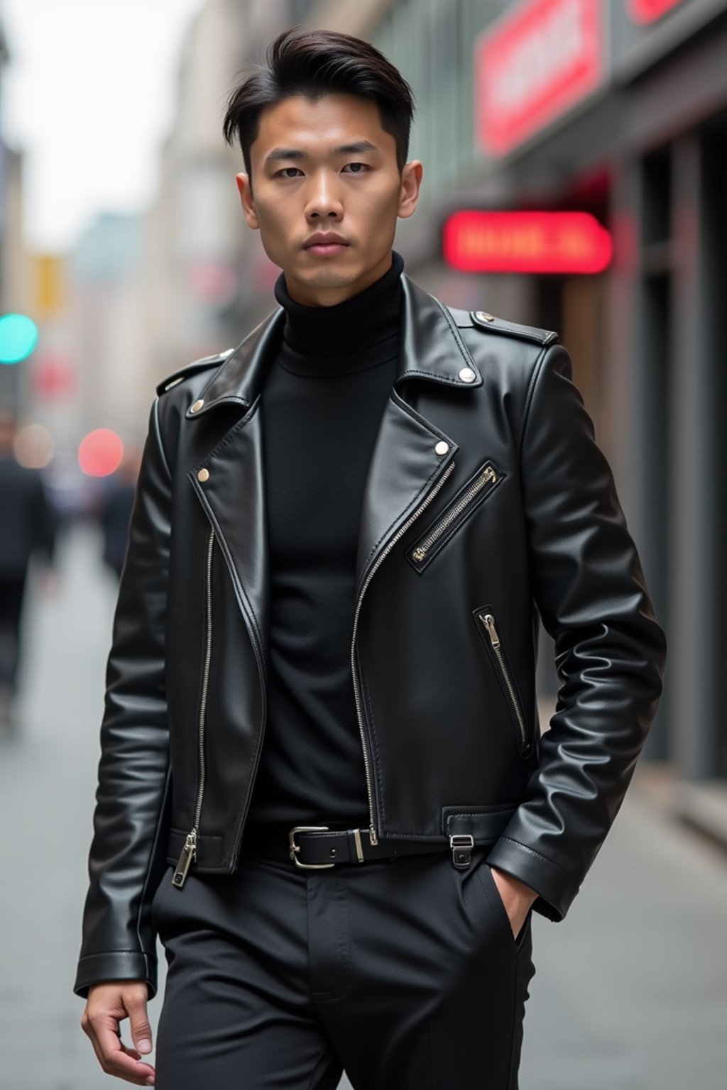 man in  modern, fashionable attire against an edgy urban backdrop