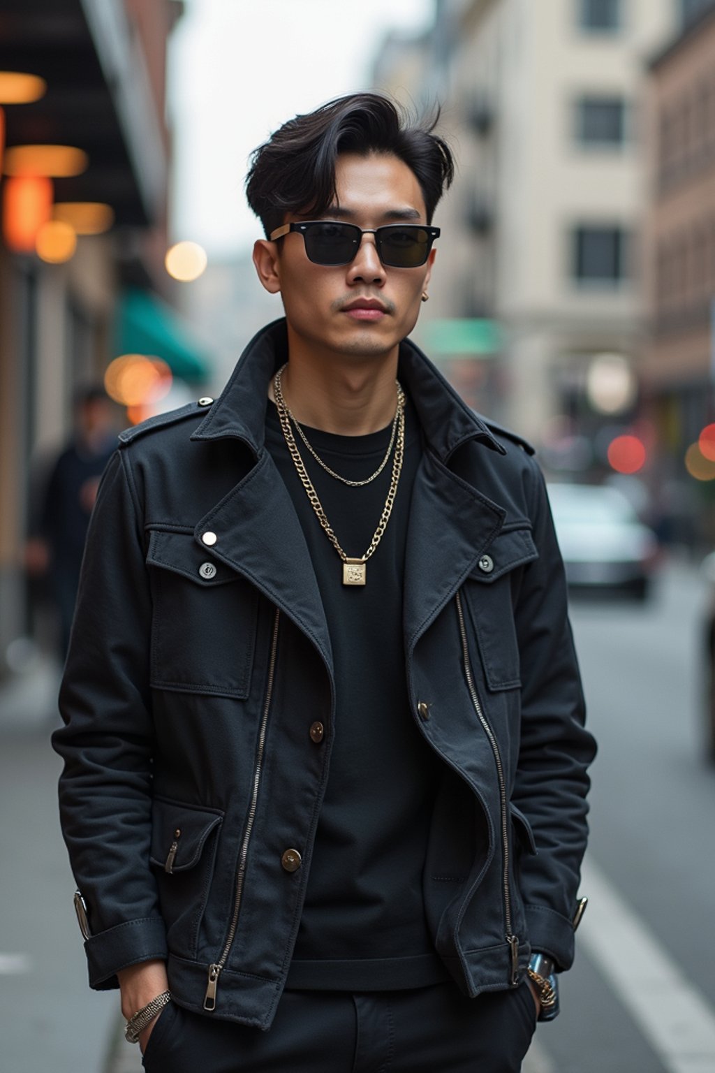 man in  modern, fashionable attire against an edgy urban backdrop