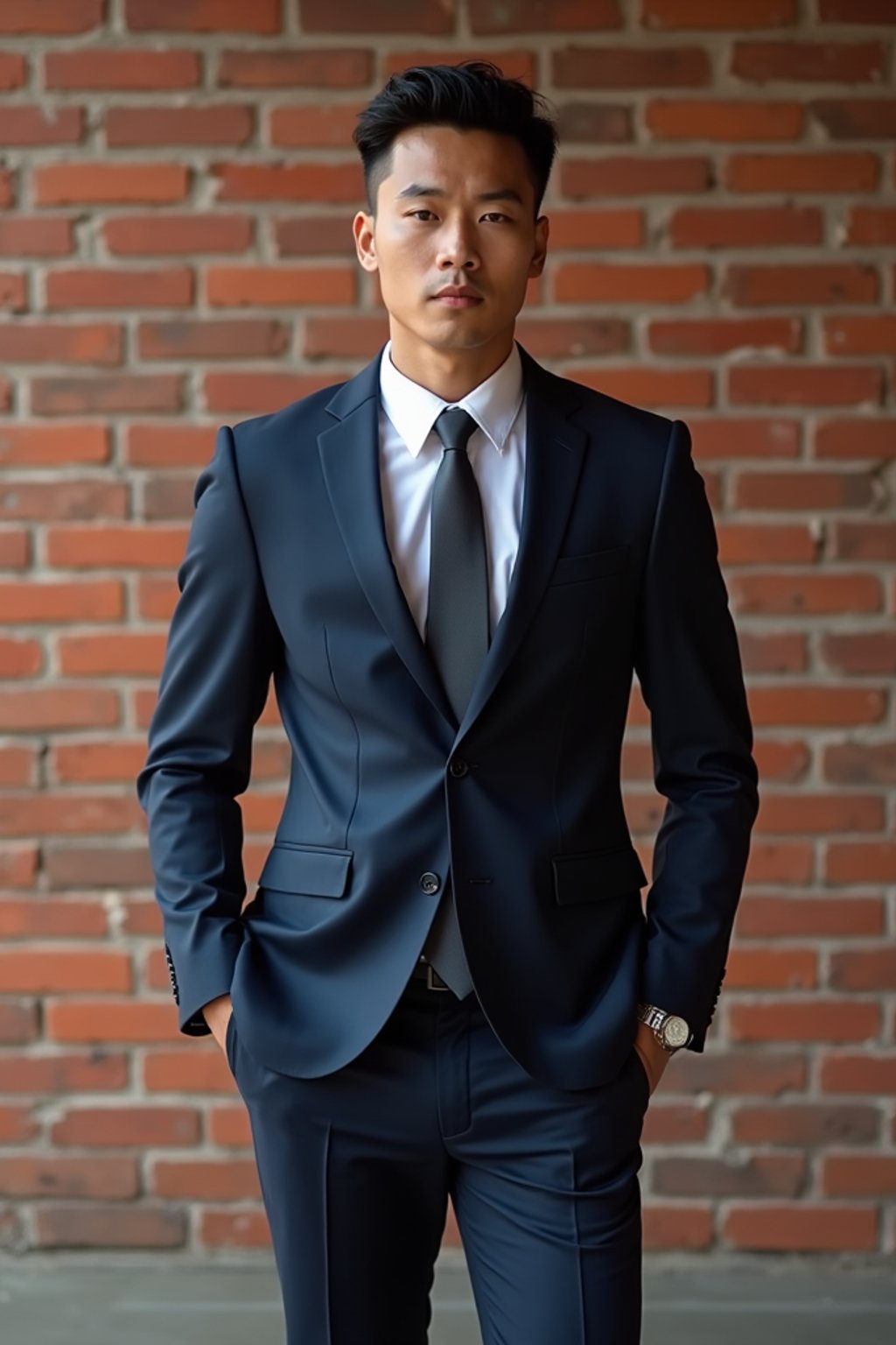 (full-body shot) of man in  sharp, tailored suit against a classic brick wall background