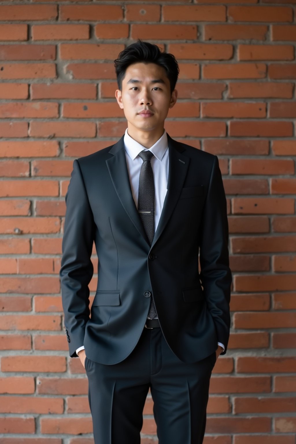 (full-body shot) of man in  sharp, tailored suit against a classic brick wall background