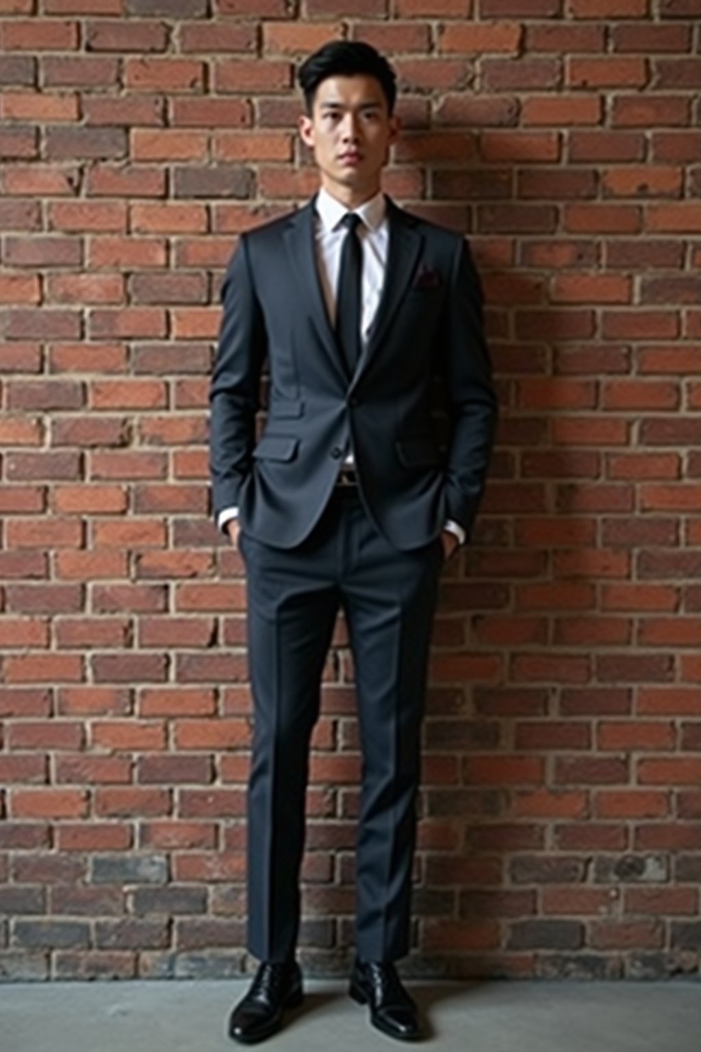 (full-body shot) of man in  sharp, tailored suit against a classic brick wall background