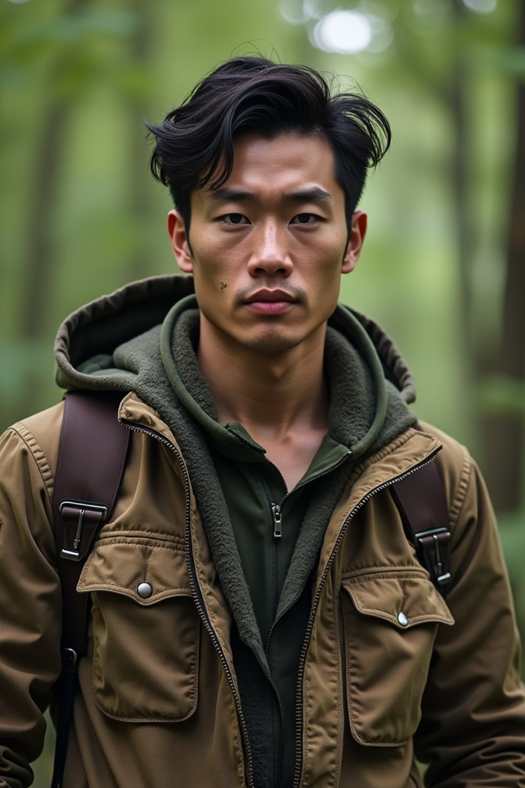 man with enticing allure in  rugged outdoor outfit in a serene forest setting