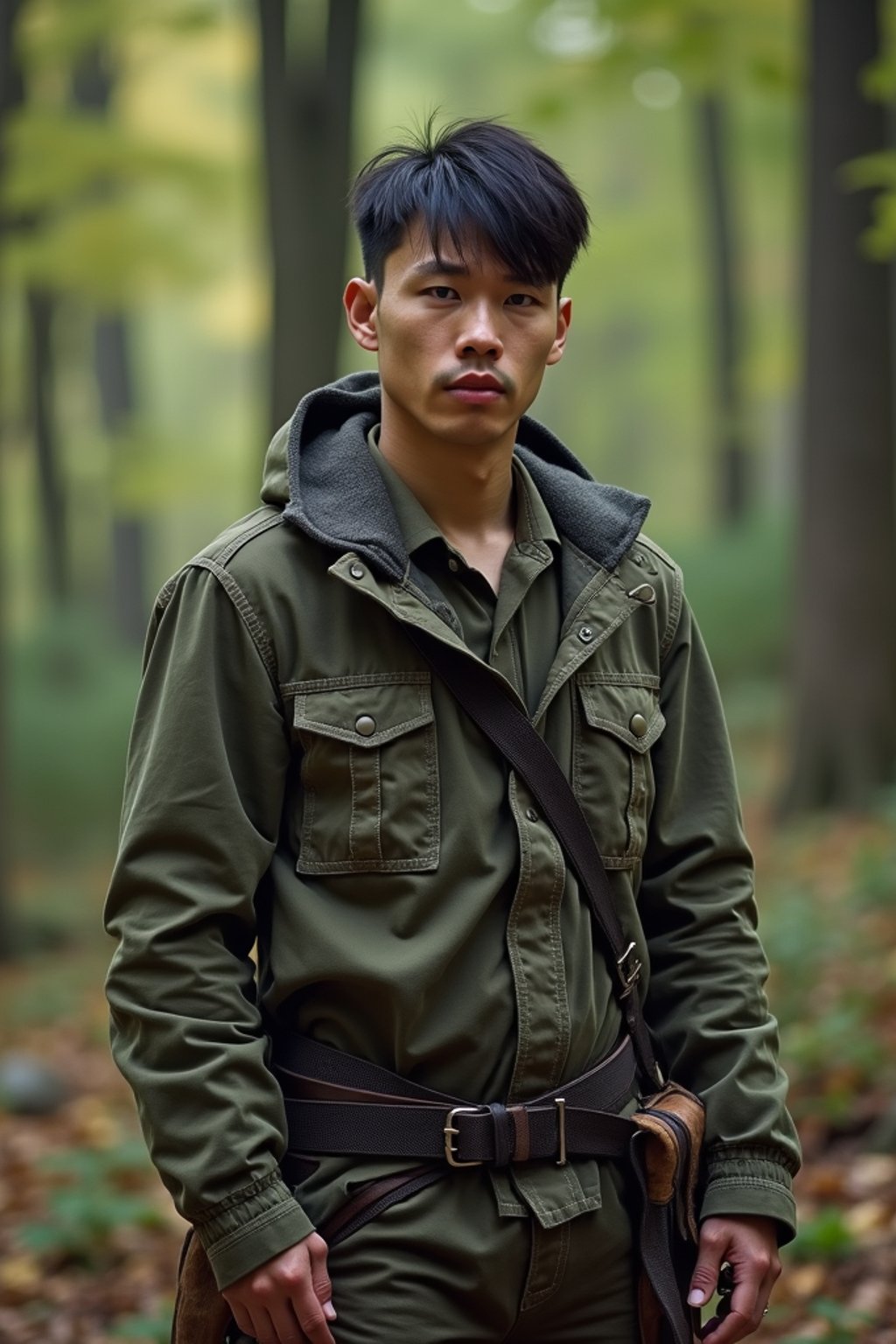 man with enticing allure in  rugged outdoor outfit in a serene forest setting