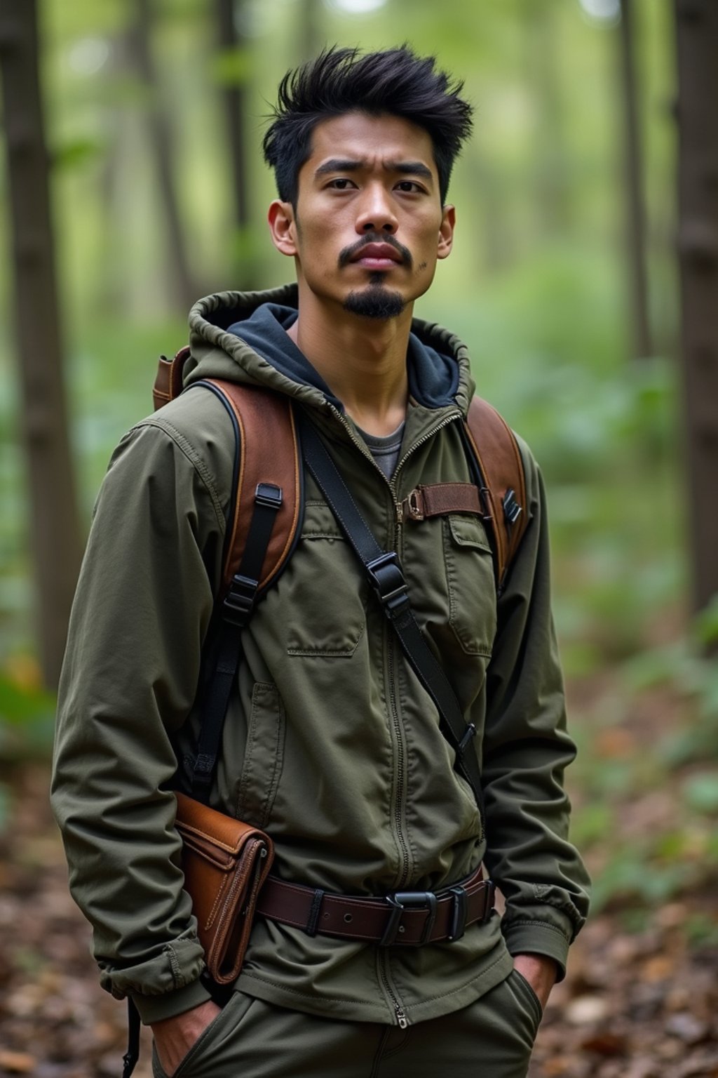 man with enticing allure in  rugged outdoor outfit in a serene forest setting