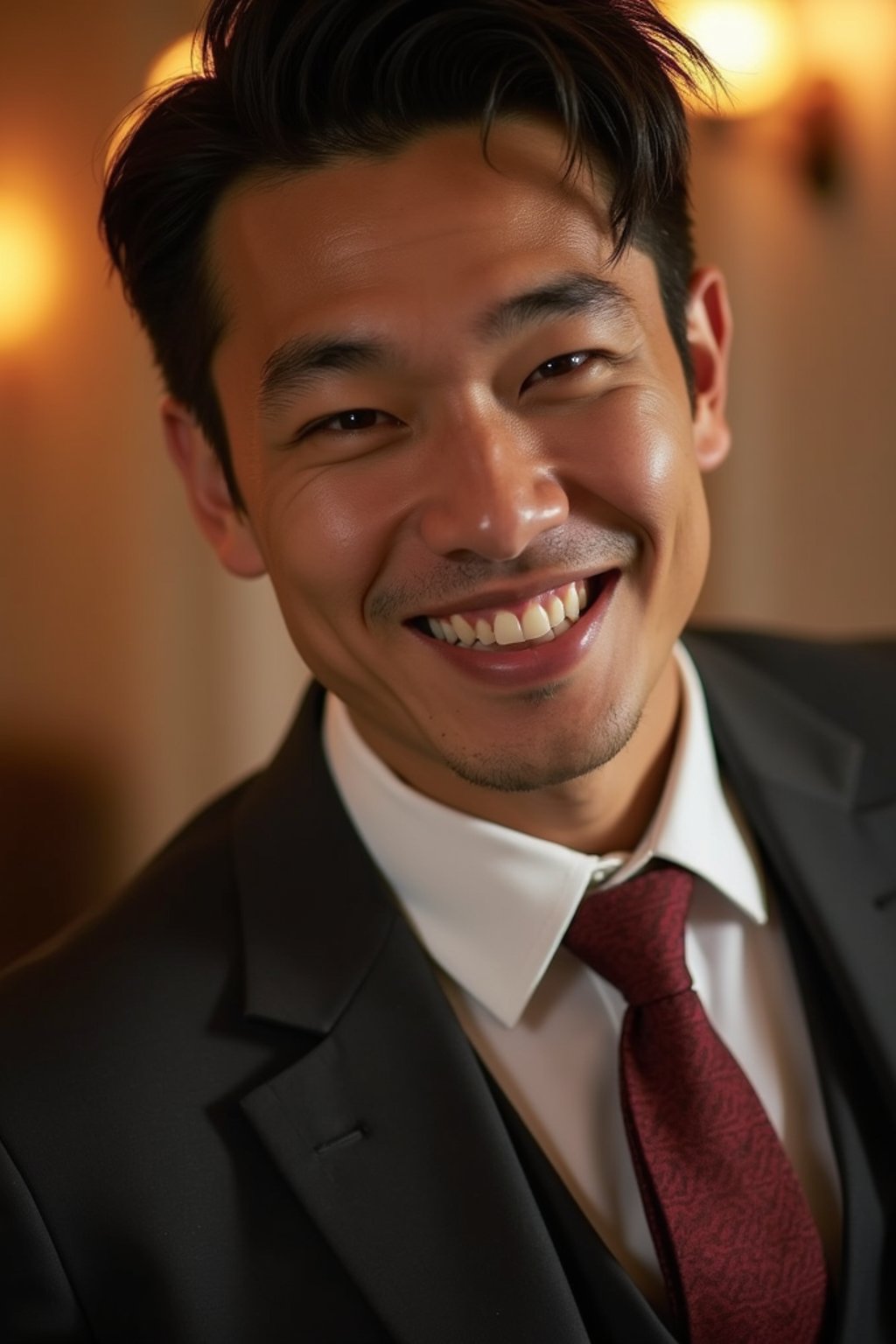 man with a seductive smile, donned in a  classy tie, under warm indoor lighting