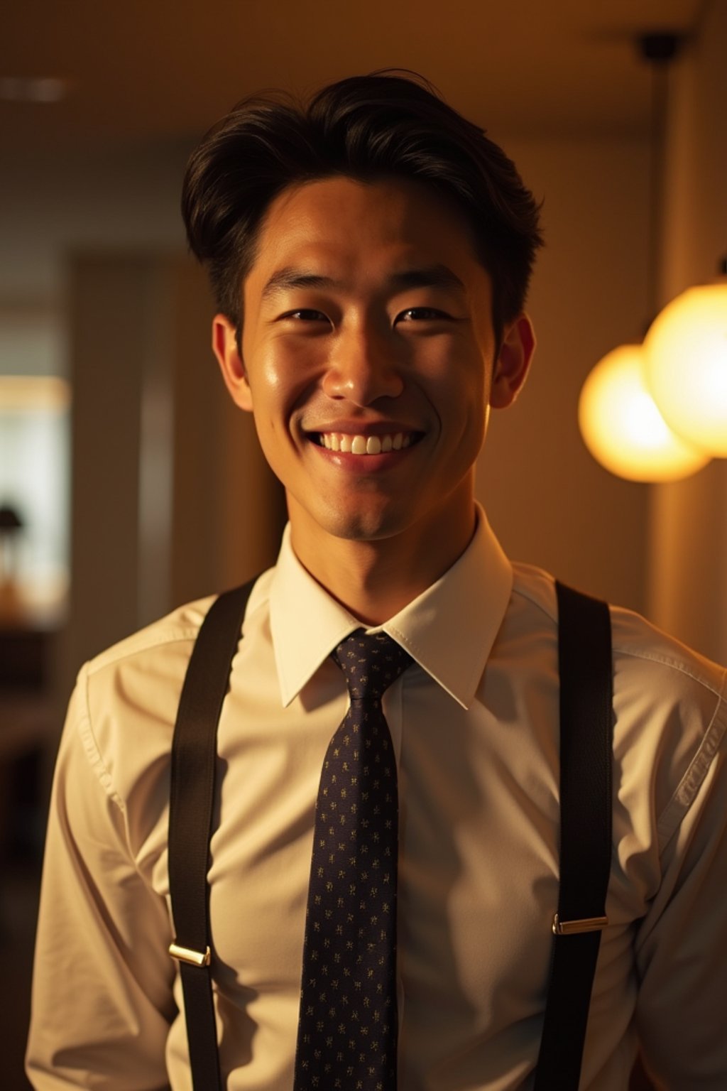 man with a seductive smile, donned in a  classy tie, under warm indoor lighting