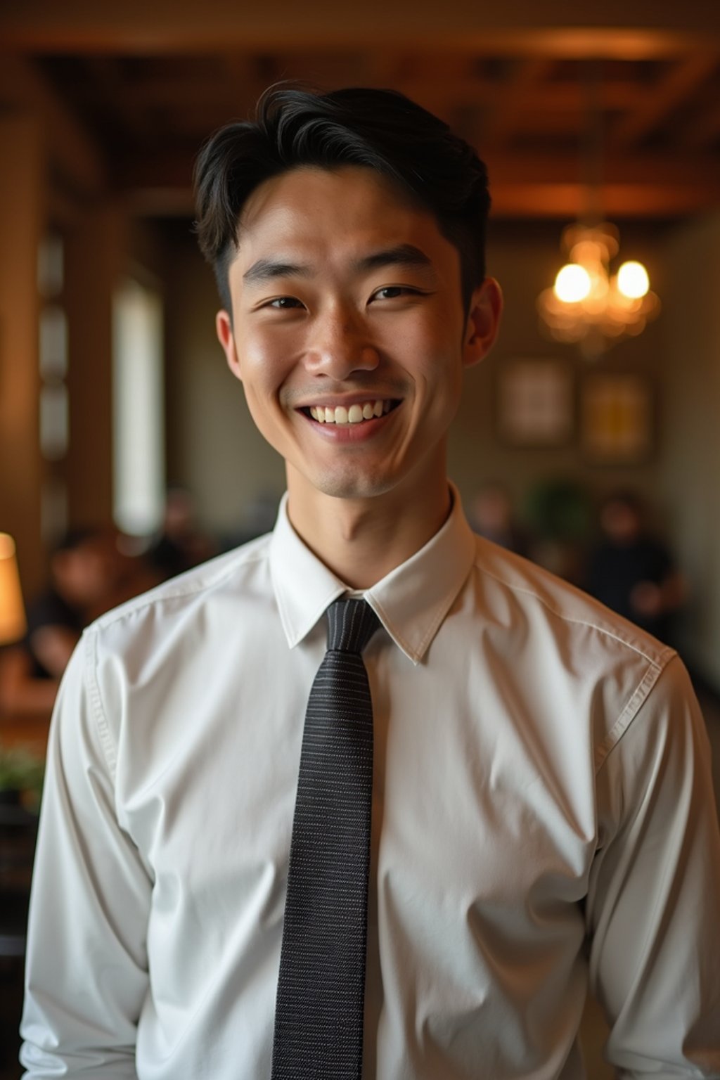 man with a seductive smile, donned in a  classy tie, under warm indoor lighting