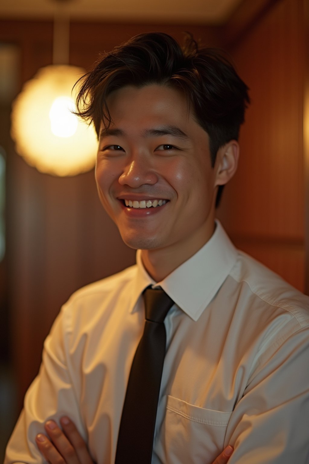 man with a seductive smile, donned in a  classy tie, under warm indoor lighting