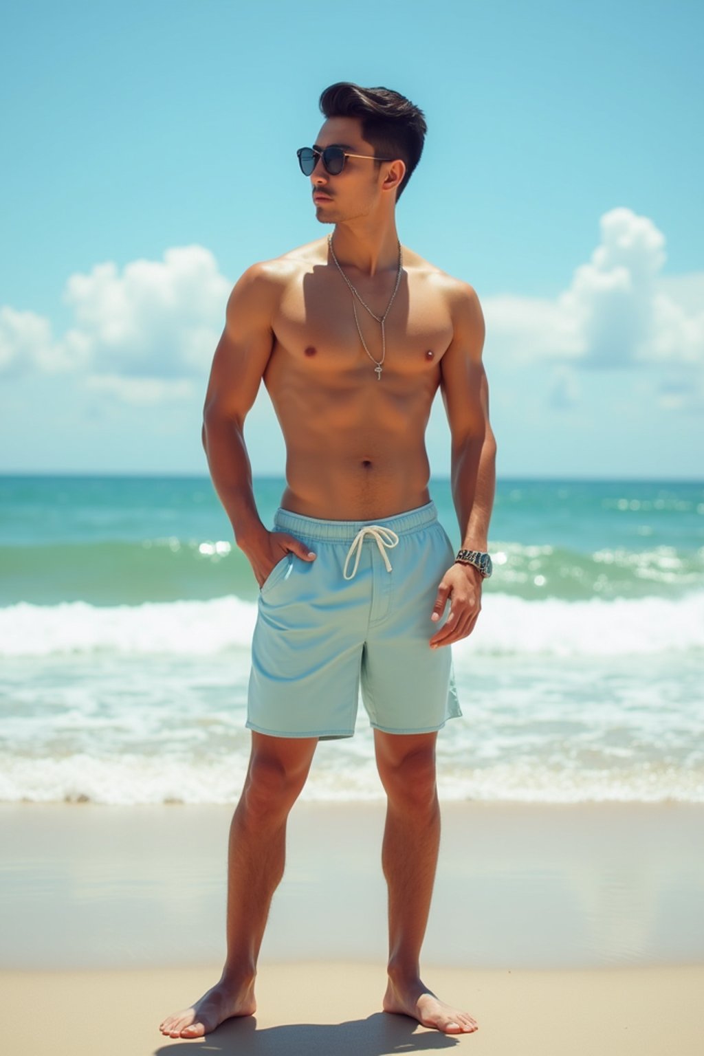 (full-body shot) of man in a  smart casual beach attire, posed against a vibrant beach setting