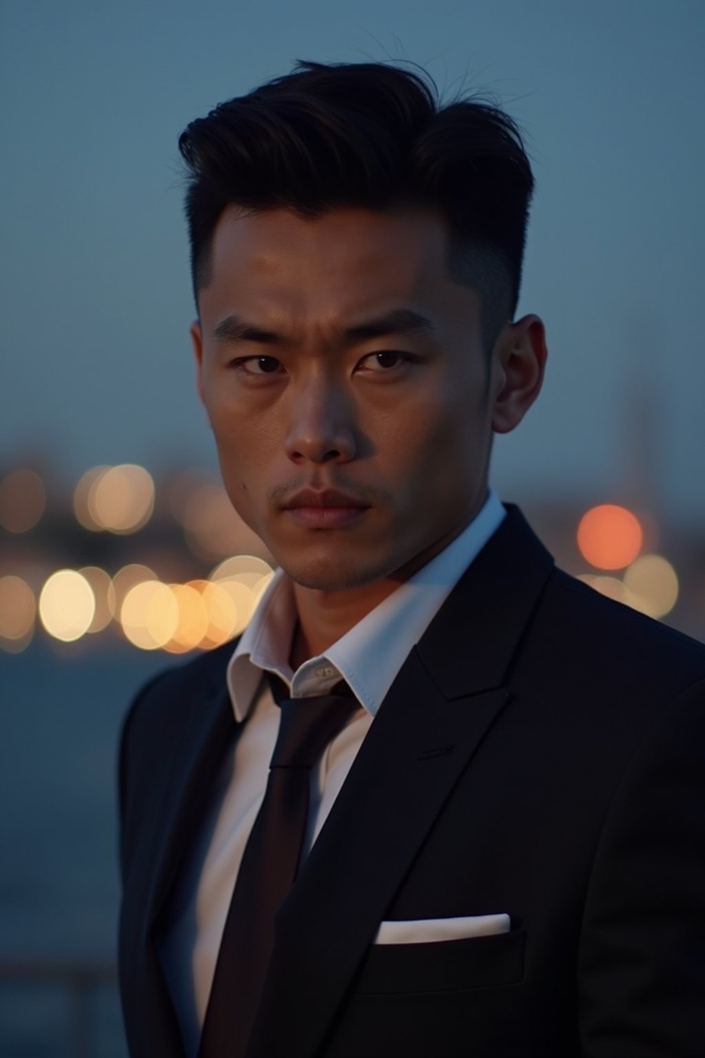 man with enticing gaze, adorned with  sharp, stylish suit against a twilight backdrop