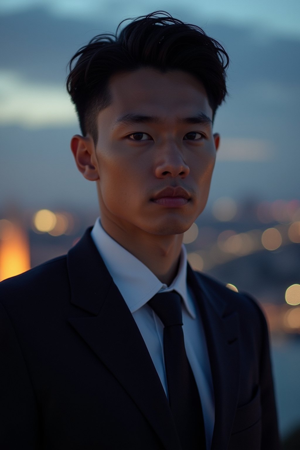 man with enticing gaze, adorned with  sharp, stylish suit against a twilight backdrop