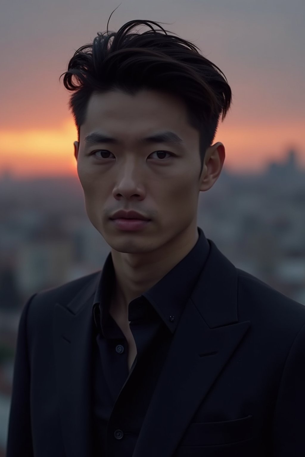 man with enticing gaze, adorned with  sharp, stylish suit against a twilight backdrop