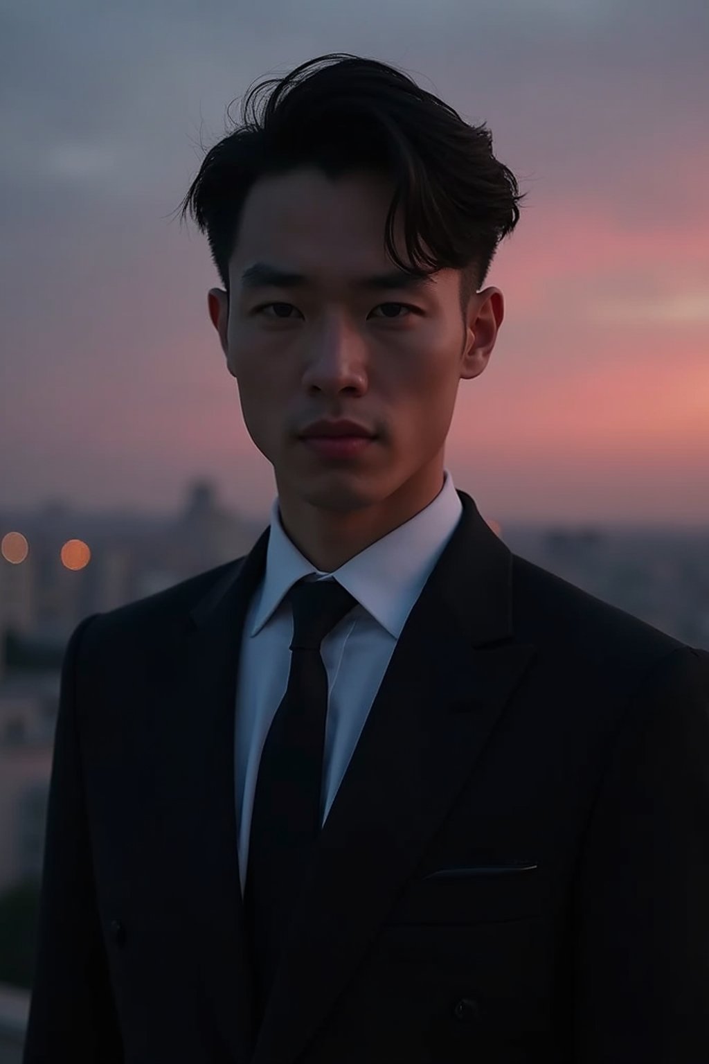 man with enticing gaze, adorned with  sharp, stylish suit against a twilight backdrop