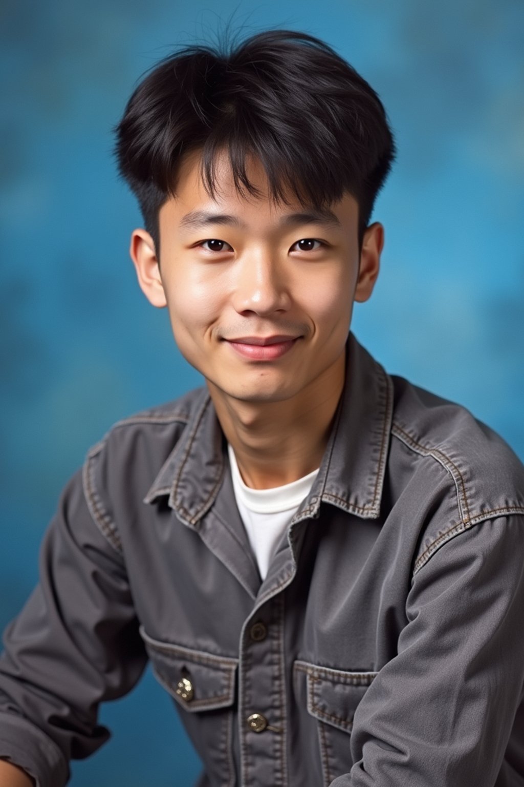 (school portrait) photo headshot of a young 18 y o man in 1990s style, nineties style, 90s, 1990s fashion, 1990s hair, school, man is sitting and posing for a (yearbook) picture, blue yearbook background, official school yearbook photo, man sitting (looking straight into camera), (school shoot), (inside), blue yearbook background