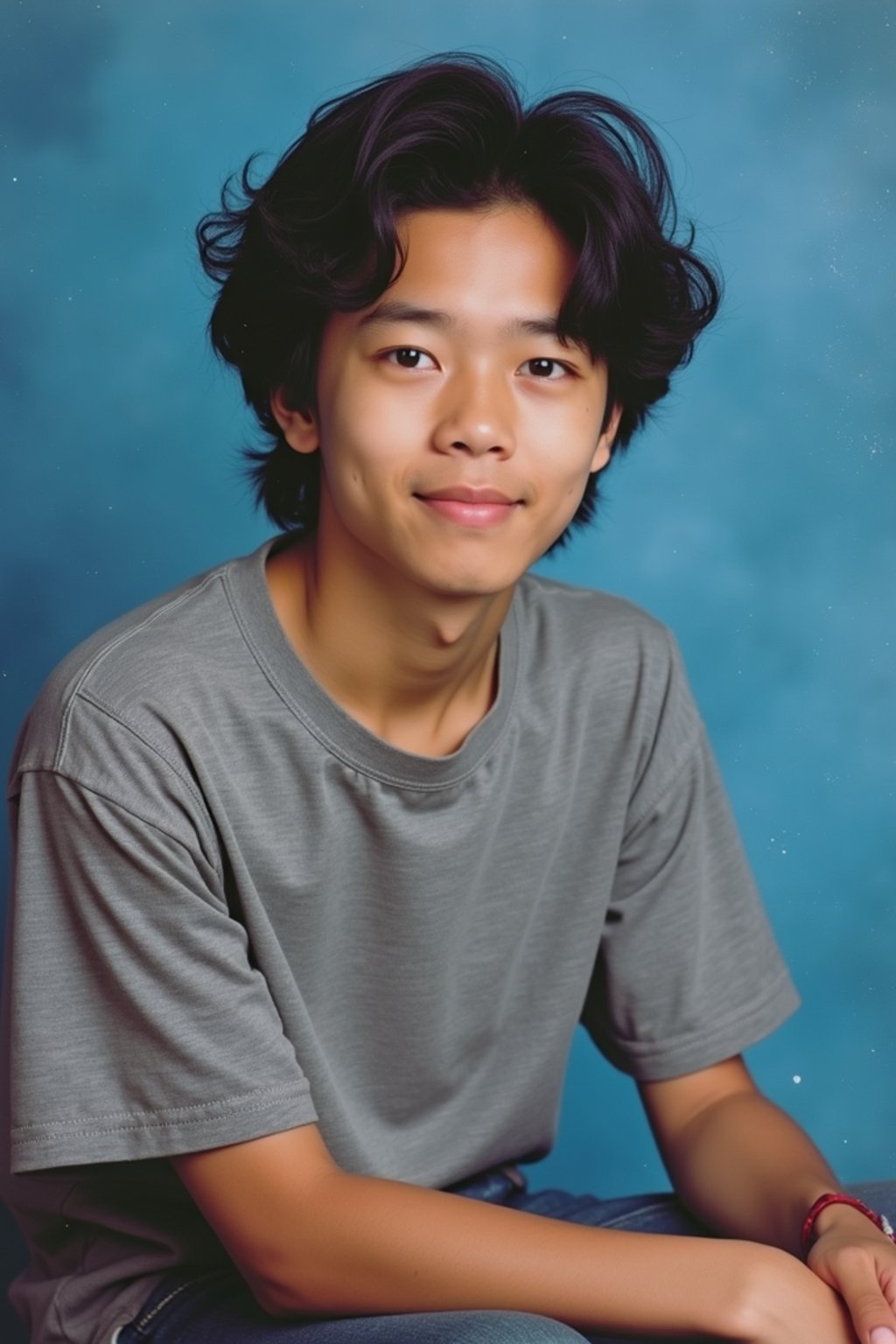 (school portrait) photo headshot of a young 18 y o man in 1990s style, nineties style, 90s, 1990s fashion, 1990s hair, school, man is sitting and posing for a (yearbook) picture, blue yearbook background, official school yearbook photo, man sitting (looking straight into camera), (school shoot), (inside), blue yearbook background