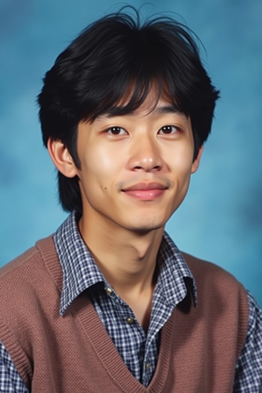 (school portrait) photo headshot of a young 18 y o man in 1990s style, nineties style, 90s, 1990s fashion, 1990s hair, school, man is sitting and posing for a (yearbook) picture, blue yearbook background, official school yearbook photo, man sitting (looking straight into camera), (school shoot), (inside), blue yearbook background