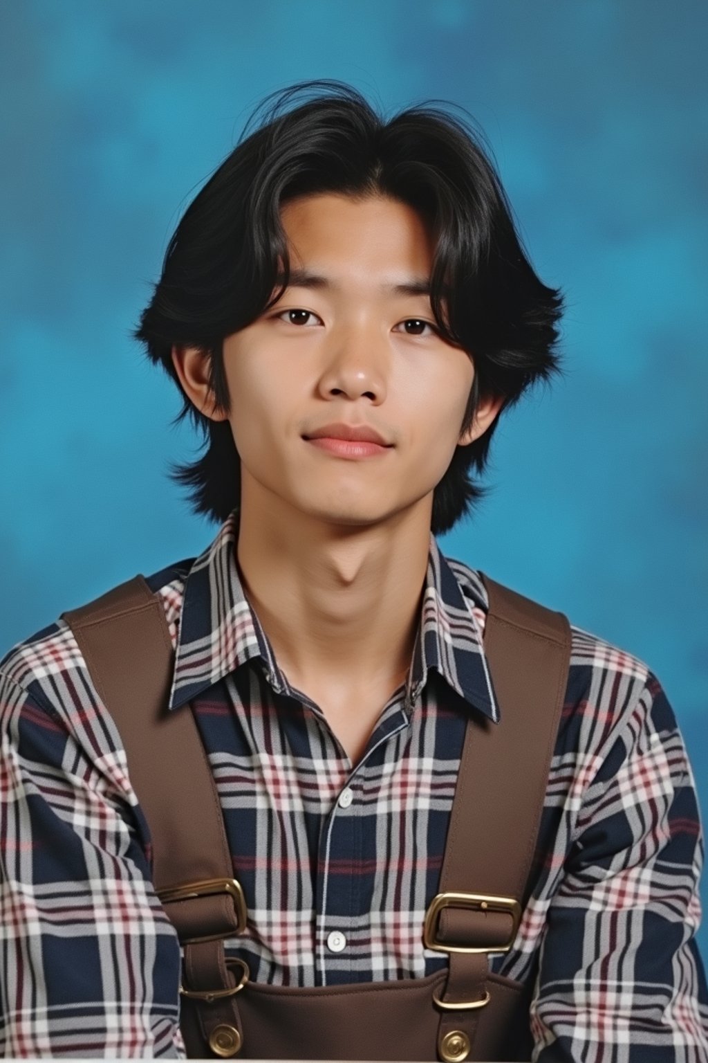 (school portrait) photo headshot of a young 18 y o man in 1990s style, nineties style, 90s, 1990s fashion, 1990s hair, school, man is sitting and posing for a (yearbook) picture, blue yearbook background, official school yearbook photo, man sitting (looking straight into camera), (school shoot), (inside), blue yearbook background