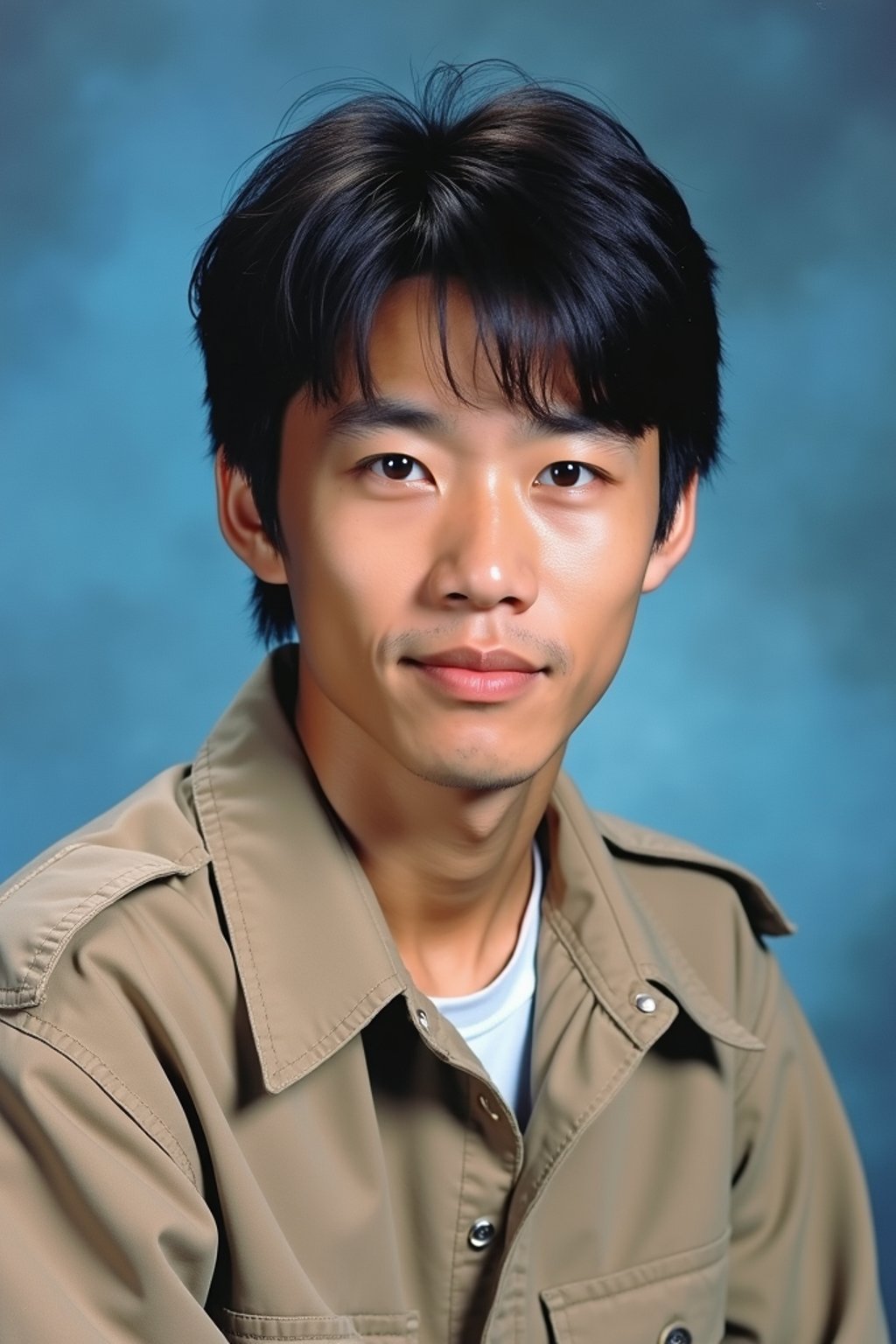 (school portrait) photo headshot of a young 18 y o man in 1990s style, nineties style, 90s, 1990s fashion, 1990s hair, school, man is sitting and posing for a (yearbook) picture, blue yearbook background, official school yearbook photo, man sitting (looking straight into camera), (school shoot), (inside), blue yearbook background