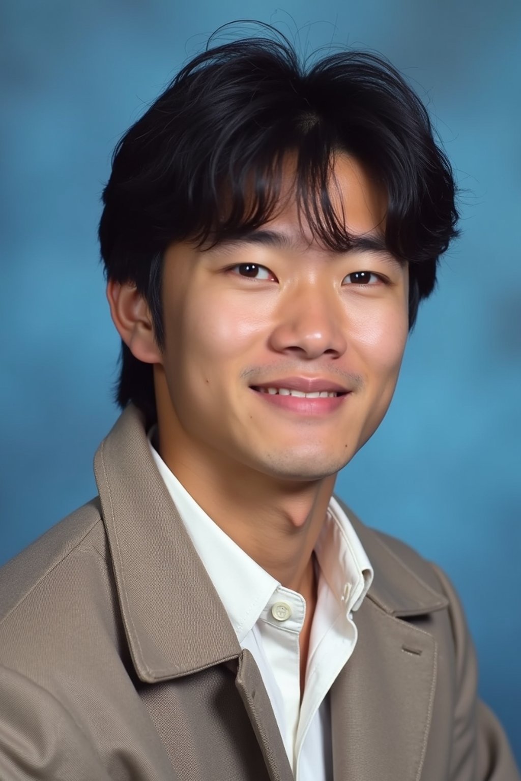 (school portrait) photo headshot of a young 18 y o man in 1990s style, nineties style, 90s, 1990s fashion, 1990s hair, school, man is sitting and posing for a (yearbook) picture, blue yearbook background, official school yearbook photo, man sitting (looking straight into camera), (school shoot), (inside), blue yearbook background