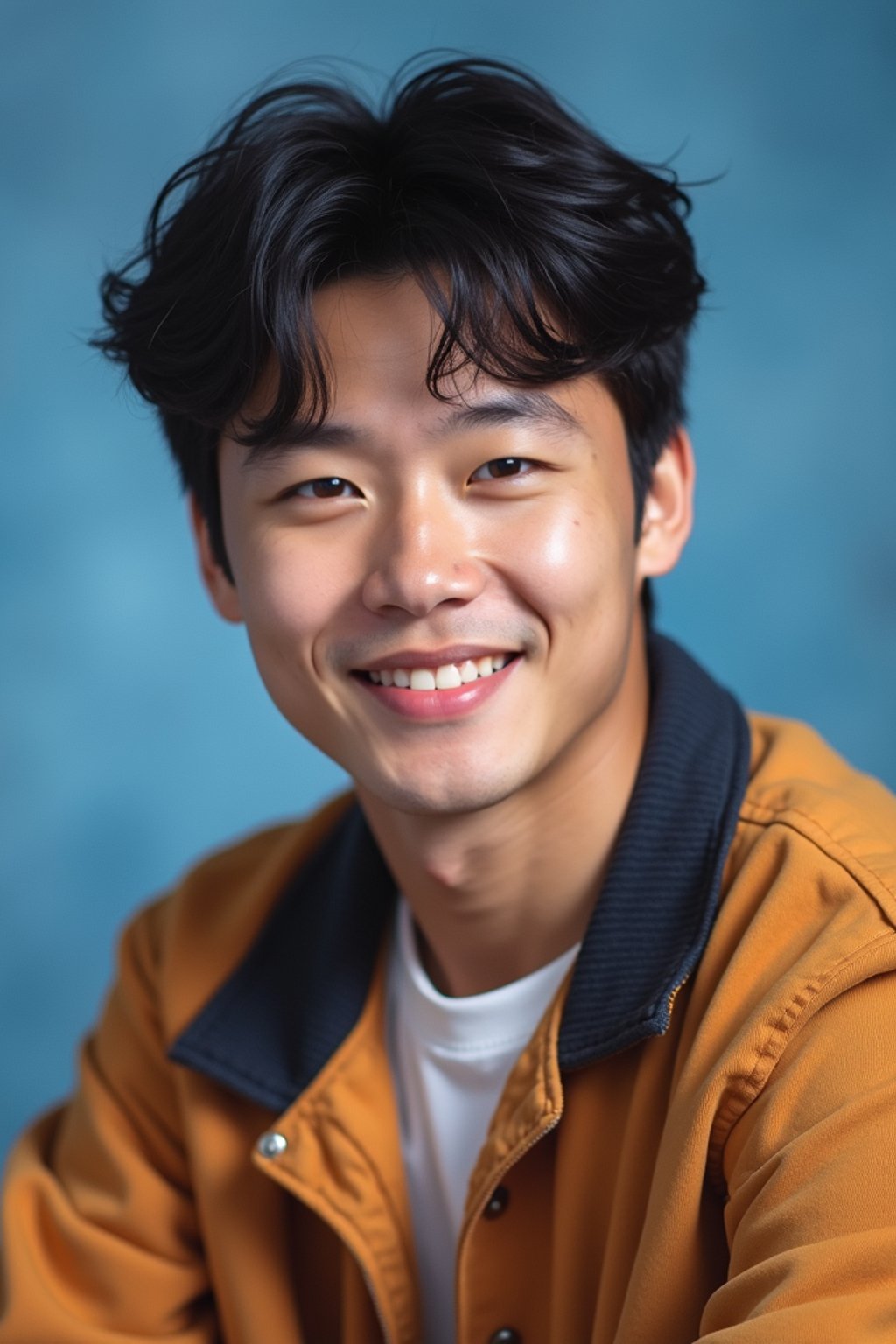 (school portrait) photo headshot of a young 18 y o man in 1990s style, nineties style, 90s, 1990s fashion, 1990s hair, school, man is sitting and posing for a (yearbook) picture, blue yearbook background, official school yearbook photo, man sitting (looking straight into camera), (school shoot), (inside), blue yearbook background