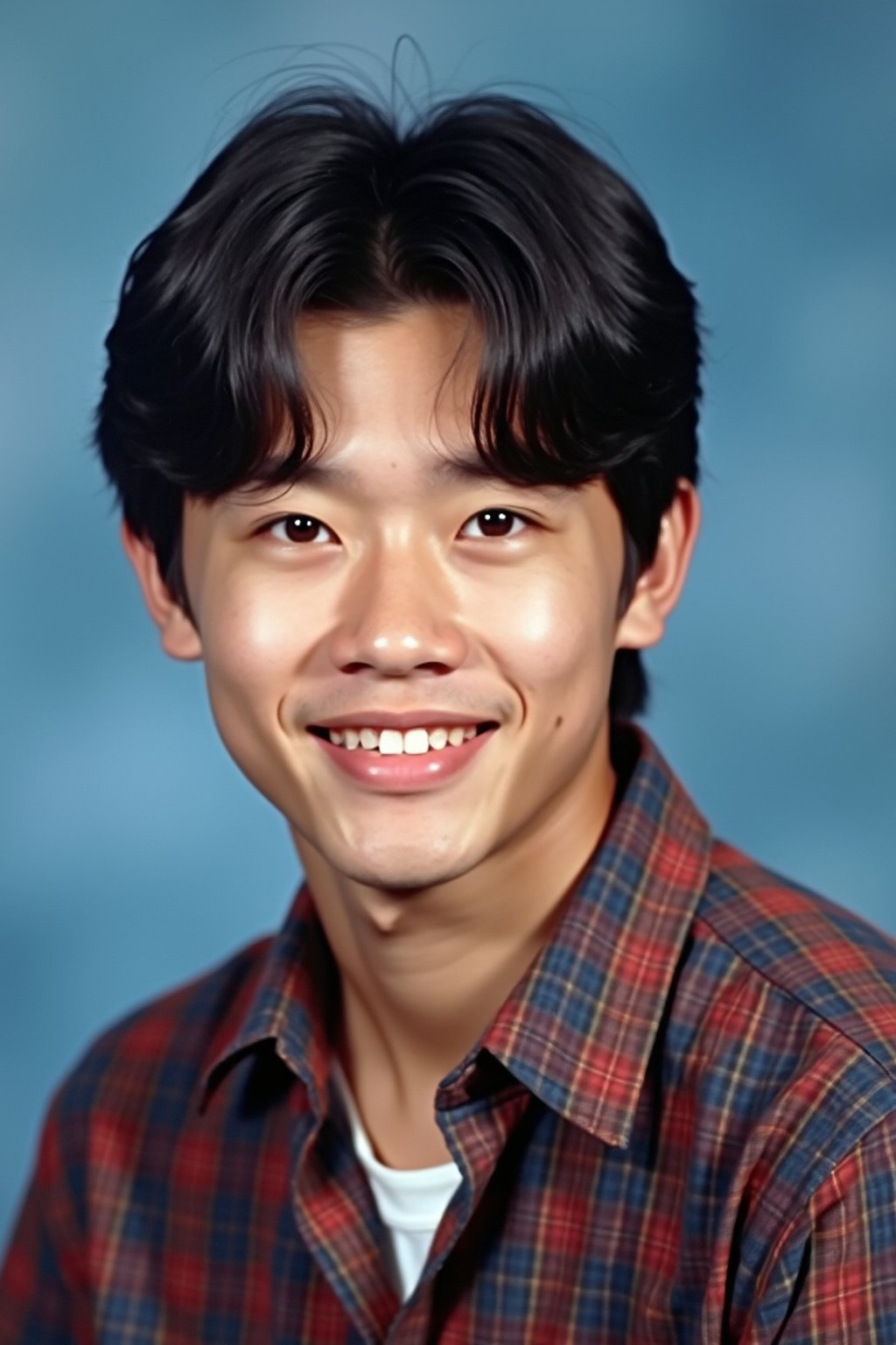 (school portrait) photo headshot of a young 18 y o man in 1990s style, nineties style, 90s, 1990s fashion, 1990s hair, school, man is sitting and posing for a (yearbook) picture, blue yearbook background, official school yearbook photo, man sitting (looking straight into camera), (school shoot), (inside), blue yearbook background