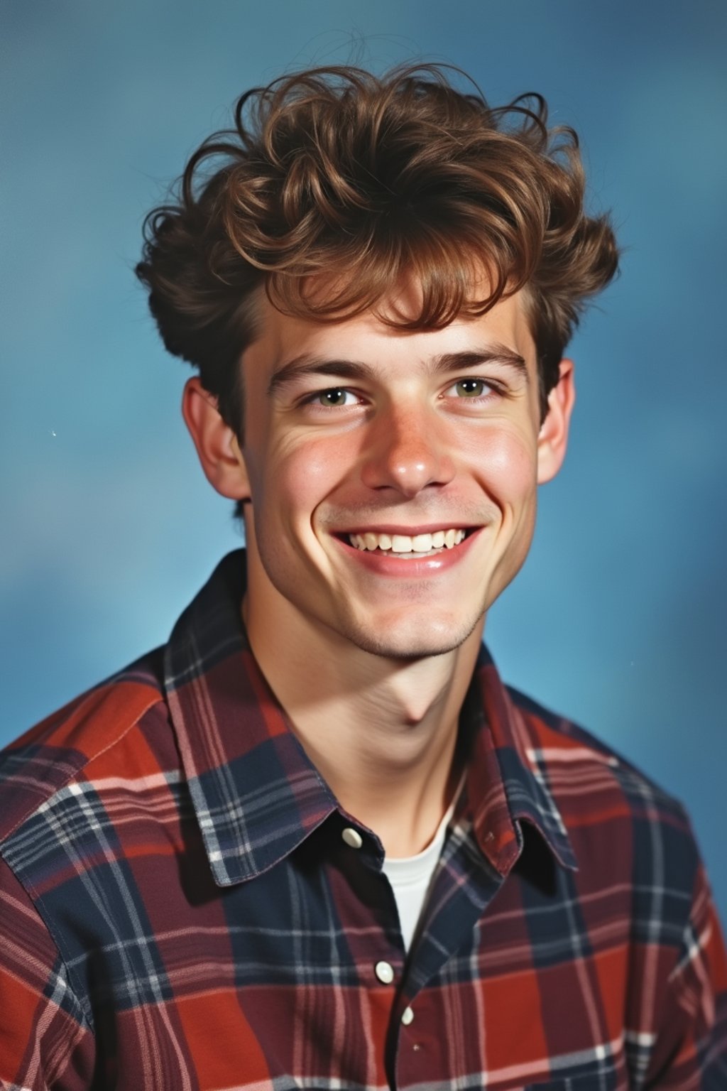 (school portrait) photo headshot of a young 18 y o man in 1990s style, nineties style, 90s, 1990s fashion, 1990s hair, school, man is sitting and posing for a (yearbook) picture, blue yearbook background, official school yearbook photo, man sitting (looking straight into camera), (school shoot), (inside), blue yearbook background