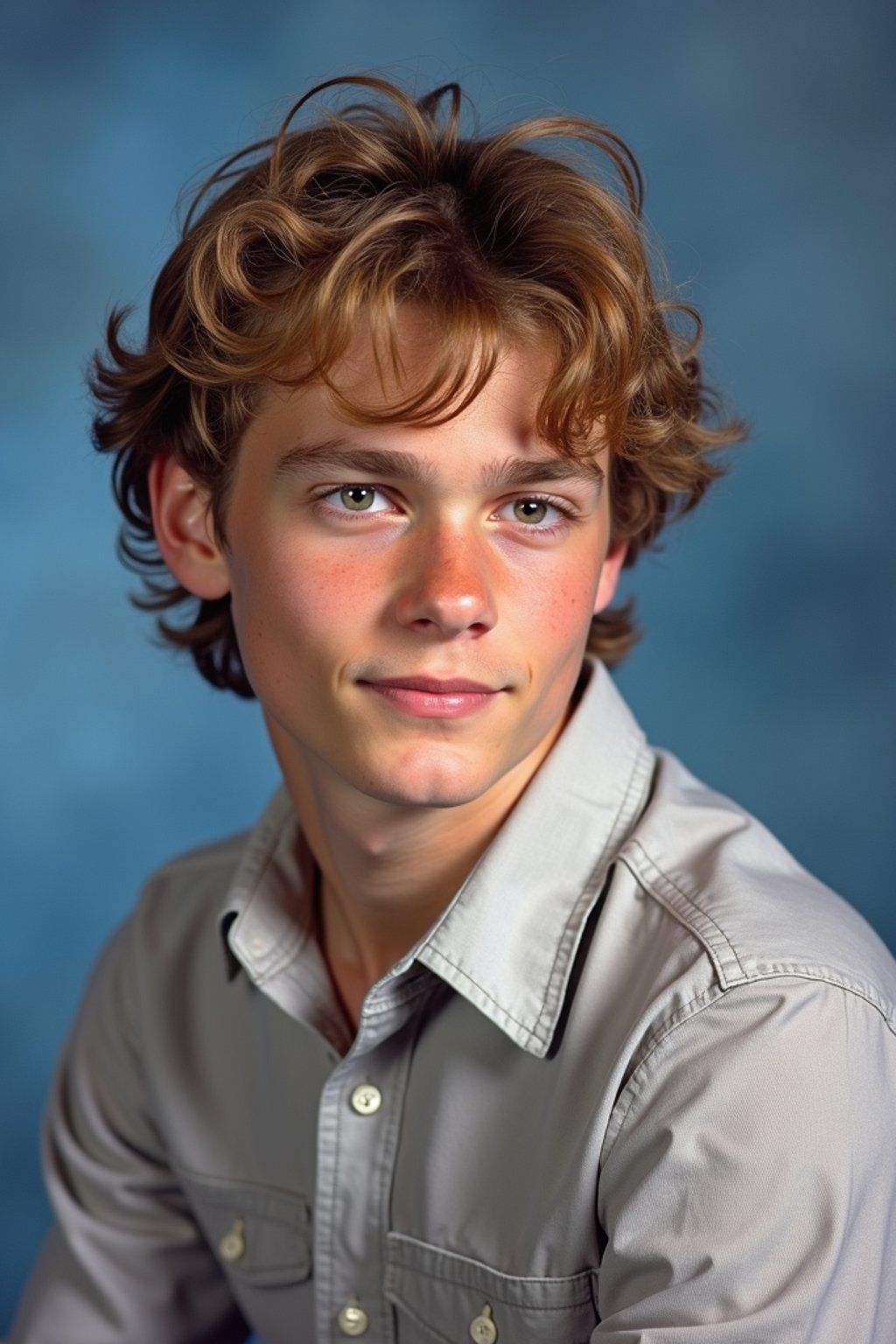 (school portrait) photo headshot of a young 18 y o man in 1990s style, nineties style, 90s, 1990s fashion, 1990s hair, school, man is sitting and posing for a (yearbook) picture, blue yearbook background, official school yearbook photo, man sitting (looking straight into camera), (school shoot), (inside), blue yearbook background