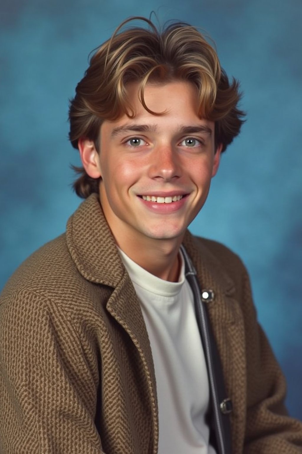 (school portrait) photo headshot of a young 18 y o man in 1990s style, nineties style, 90s, 1990s fashion, 1990s hair, school, man is sitting and posing for a (yearbook) picture, blue yearbook background, official school yearbook photo, man sitting (looking straight into camera), (school shoot), (inside), blue yearbook background