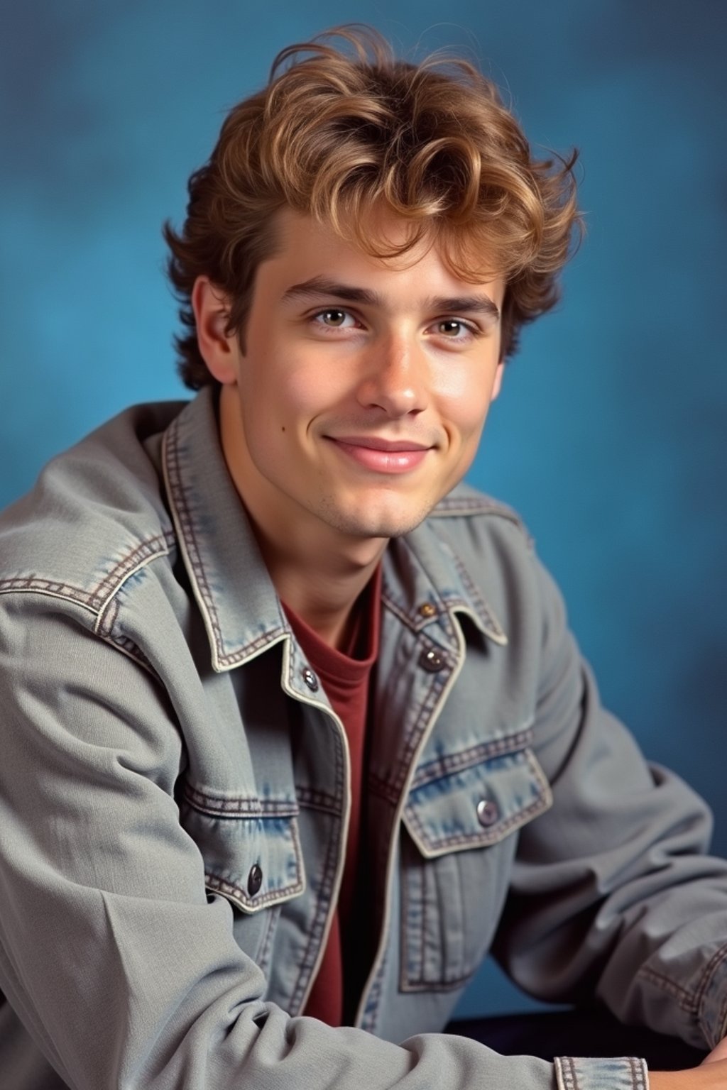 (school portrait) photo headshot of a young 18 y o man in 1990s style, nineties style, 90s, 1990s fashion, 1990s hair, school, man is sitting and posing for a (yearbook) picture, blue yearbook background, official school yearbook photo, man sitting (looking straight into camera), (school shoot), (inside), blue yearbook background