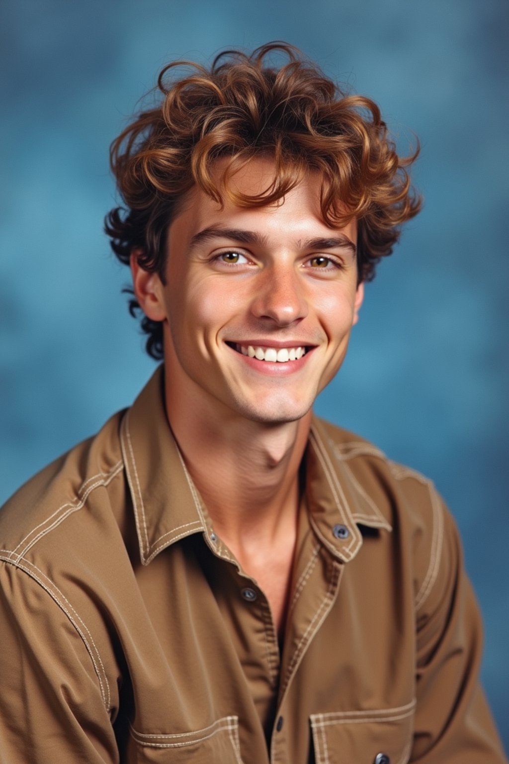 (school portrait) photo headshot of a young 18 y o man in 1990s style, nineties style, 90s, 1990s fashion, 1990s hair, school, man is sitting and posing for a (yearbook) picture, blue yearbook background, official school yearbook photo, man sitting (looking straight into camera), (school shoot), (inside), blue yearbook background