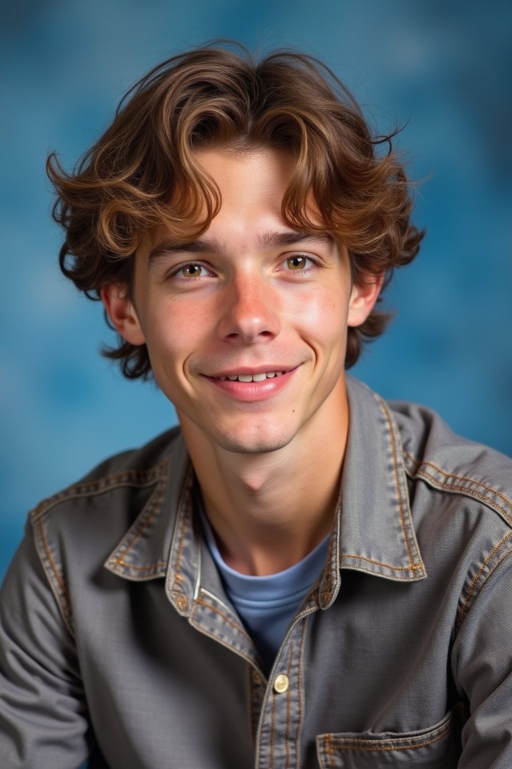 (school portrait) photo headshot of a young 18 y o man in 1990s style, nineties style, 90s, 1990s fashion, 1990s hair, school, man is sitting and posing for a (yearbook) picture, blue yearbook background, official school yearbook photo, man sitting (looking straight into camera), (school shoot), (inside), blue yearbook background