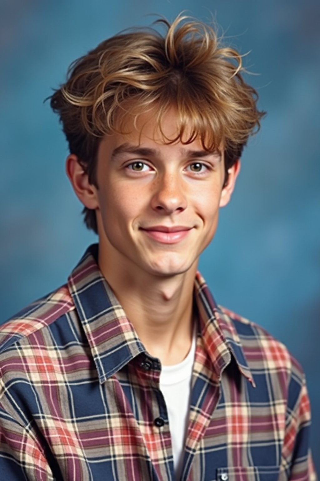 (school portrait) photo headshot of a young 18 y o man in 1990s style, nineties style, 90s, 1990s fashion, 1990s hair, school, man is sitting and posing for a (yearbook) picture, blue yearbook background, official school yearbook photo, man sitting (looking straight into camera), (school shoot), (inside), blue yearbook background