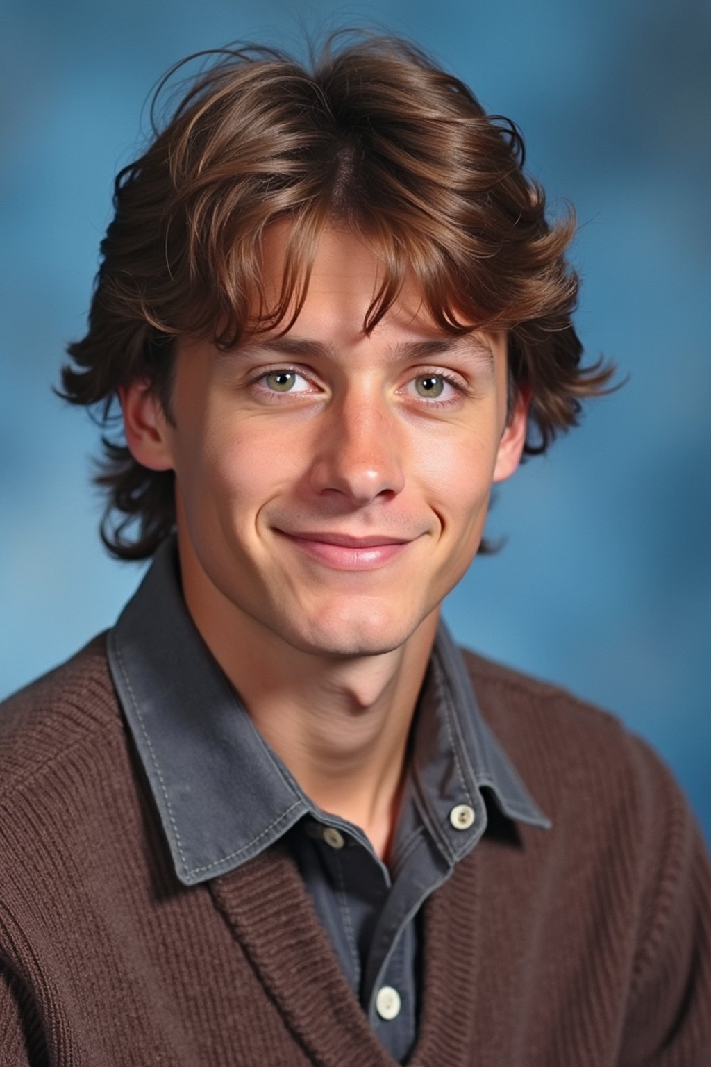 (school portrait) photo headshot of a young 18 y o man in 1990s style, nineties style, 90s, 1990s fashion, 1990s hair, school, man is sitting and posing for a (yearbook) picture, blue yearbook background, official school yearbook photo, man sitting (looking straight into camera), (school shoot), (inside), blue yearbook background