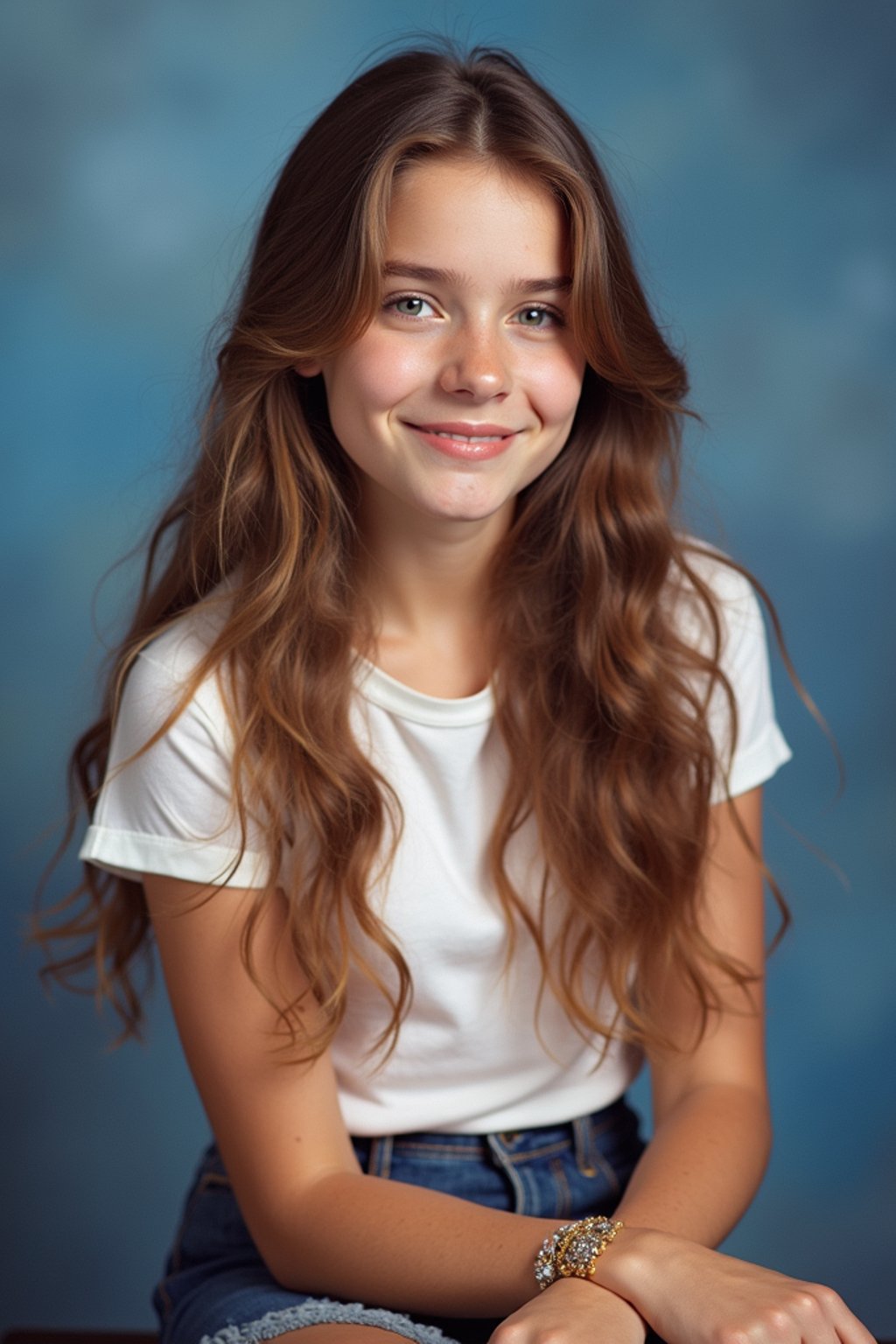 (school portrait) photo headshot of a young 18 y o woman in 1990s style, nineties style, 90s, 1990s fashion, 1990s hair, school, woman is sitting and posing for a (yearbook) picture, blue yearbook background, official school yearbook photo, woman sitting (looking straight into camera), (school shoot), (inside), blue yearbook background