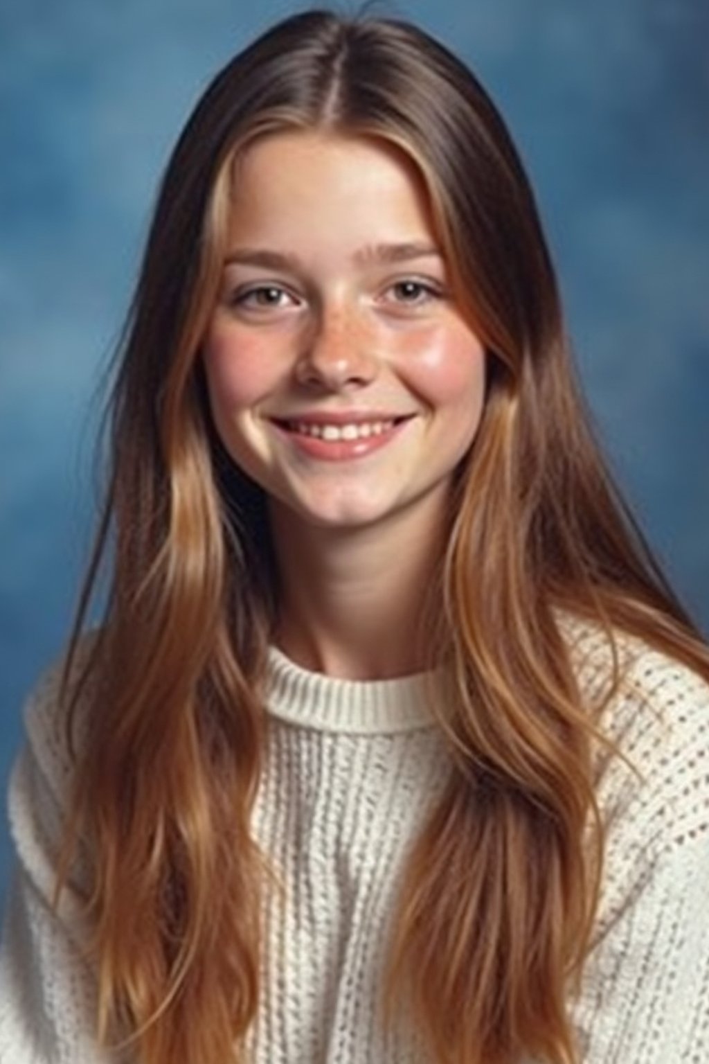 (school portrait) photo headshot of a young 18 y o woman in 1990s style, nineties style, 90s, 1990s fashion, 1990s hair, school, woman is sitting and posing for a (yearbook) picture, blue yearbook background, official school yearbook photo, woman sitting (looking straight into camera), (school shoot), (inside), blue yearbook background