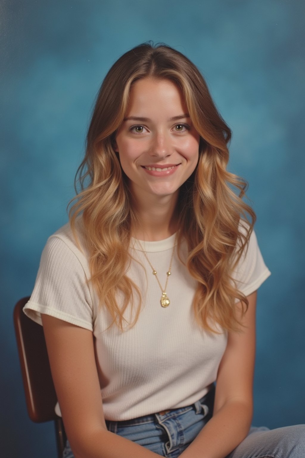 (school portrait) photo headshot of a young 18 y o woman in 1990s style, nineties style, 90s, 1990s fashion, 1990s hair, school, woman is sitting and posing for a (yearbook) picture, blue yearbook background, official school yearbook photo, woman sitting (looking straight into camera), (school shoot), (inside), blue yearbook background