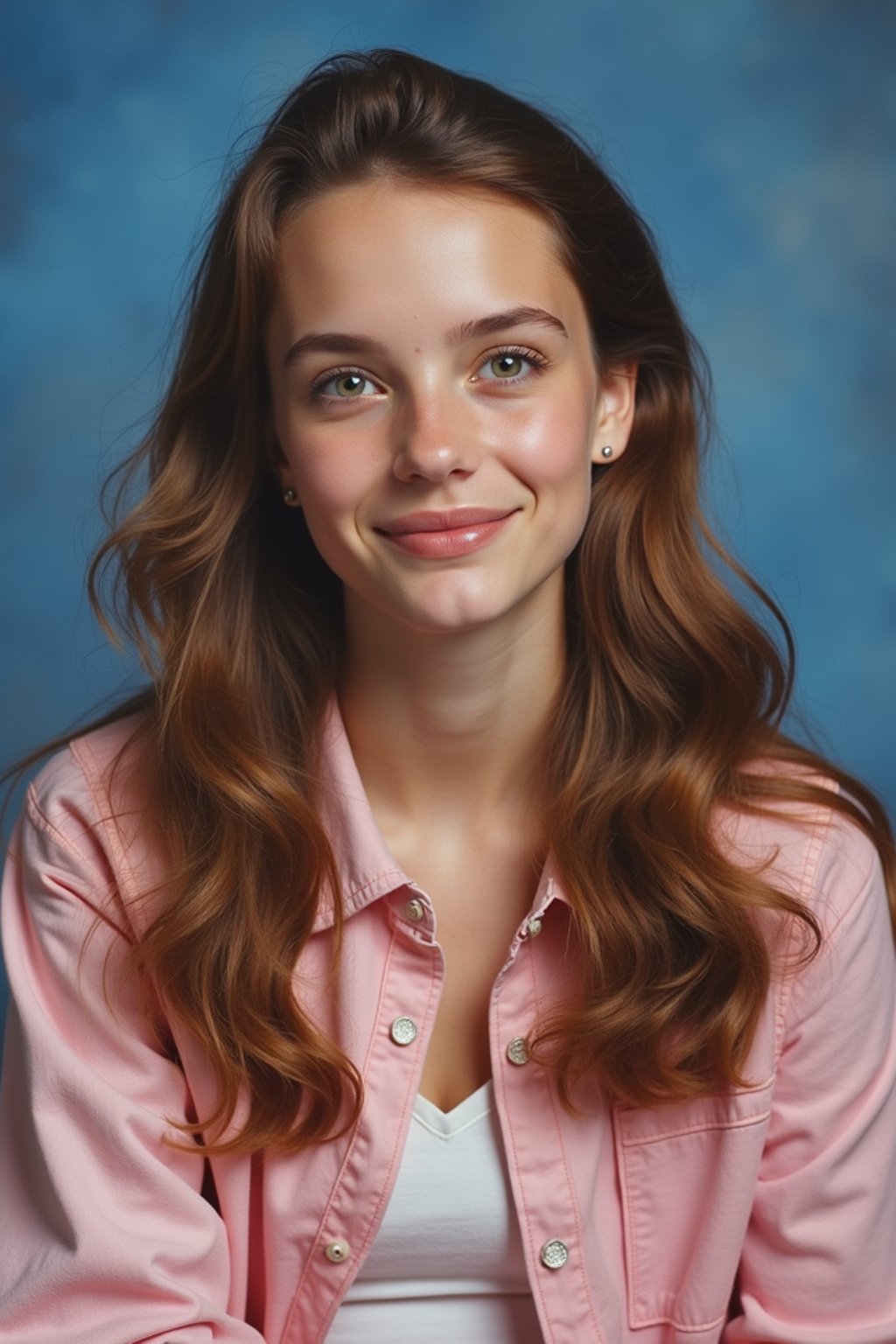 (school portrait) photo headshot of a young 18 y o woman in 1990s style, nineties style, 90s, 1990s fashion, 1990s hair, school, woman is sitting and posing for a (yearbook) picture, blue yearbook background, official school yearbook photo, woman sitting (looking straight into camera), (school shoot), (inside), blue yearbook background