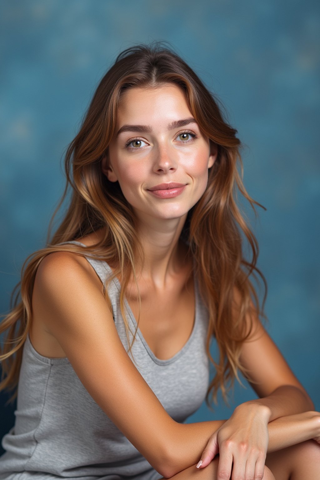 (school portrait) photo headshot of a young 18 y o woman in 1990s style, nineties style, 90s, 1990s fashion, 1990s hair, school, woman is sitting and posing for a (yearbook) picture, blue yearbook background, official school yearbook photo, woman sitting (looking straight into camera), (school shoot), (inside), blue yearbook background