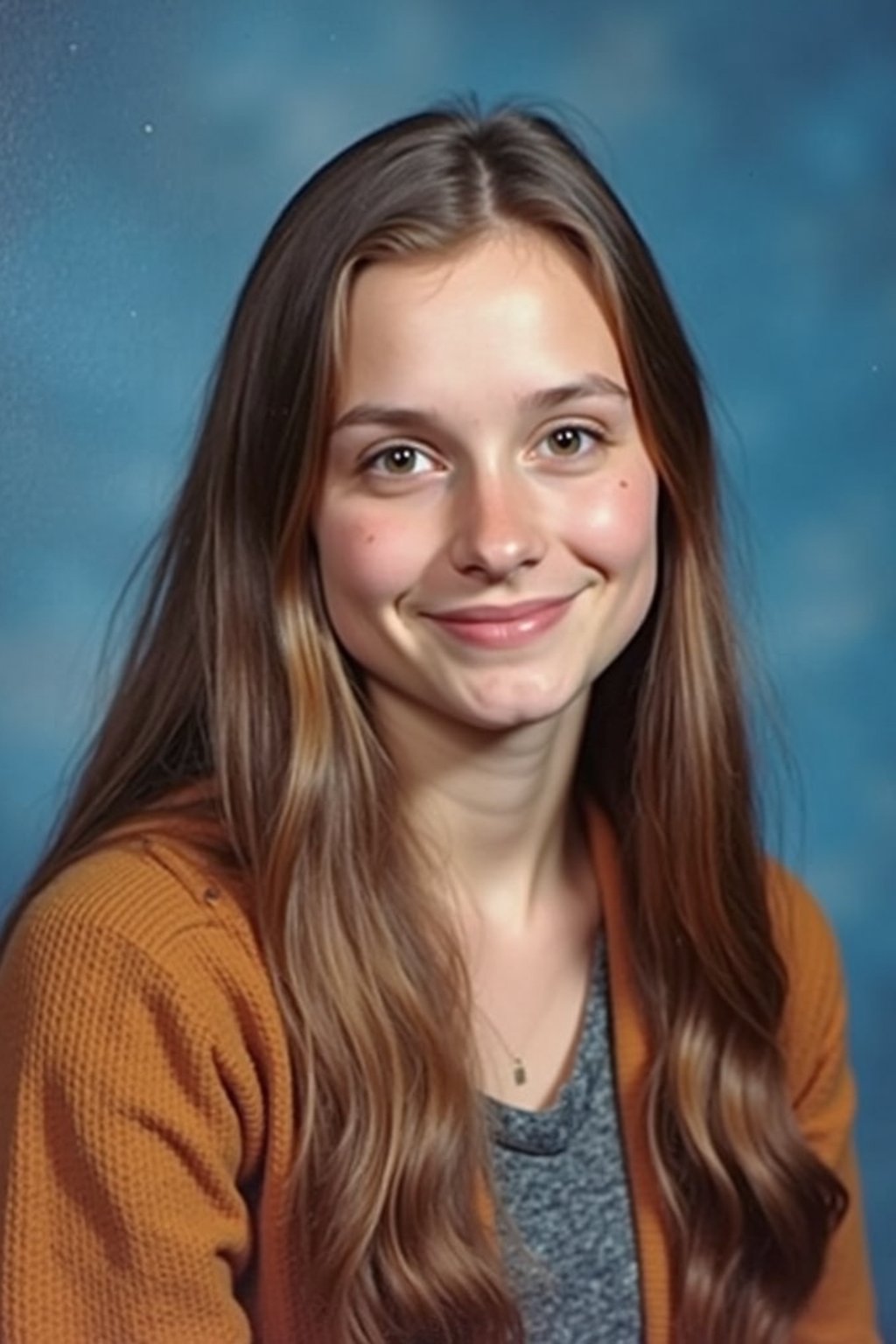 (school portrait) photo headshot of a young 18 y o woman in 1990s style, nineties style, 90s, 1990s fashion, 1990s hair, school, woman is sitting and posing for a (yearbook) picture, blue yearbook background, official school yearbook photo, woman sitting (looking straight into camera), (school shoot), (inside), blue yearbook background