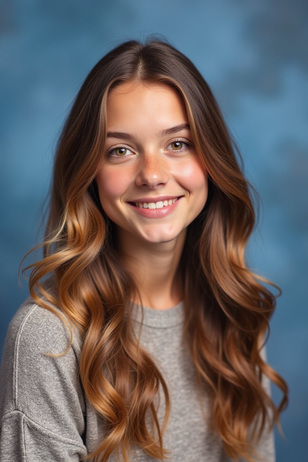 (school portrait) photo headshot of a young 18 y o woman in 1990s style, nineties style, 90s, 1990s fashion, 1990s hair, school, woman is sitting and posing for a (yearbook) picture, blue yearbook background, official school yearbook photo, woman sitting (looking straight into camera), (school shoot), (inside), blue yearbook background