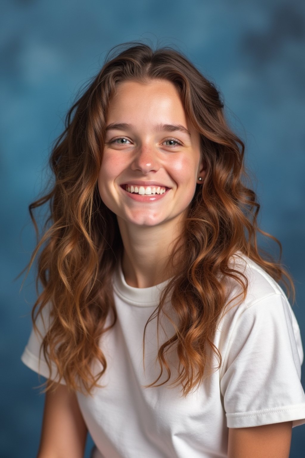 (school portrait) photo headshot of a young 18 y o woman in 1990s style, nineties style, 90s, 1990s fashion, 1990s hair, school, woman is sitting and posing for a (yearbook) picture, blue yearbook background, official school yearbook photo, woman sitting (looking straight into camera), (school shoot), (inside), blue yearbook background