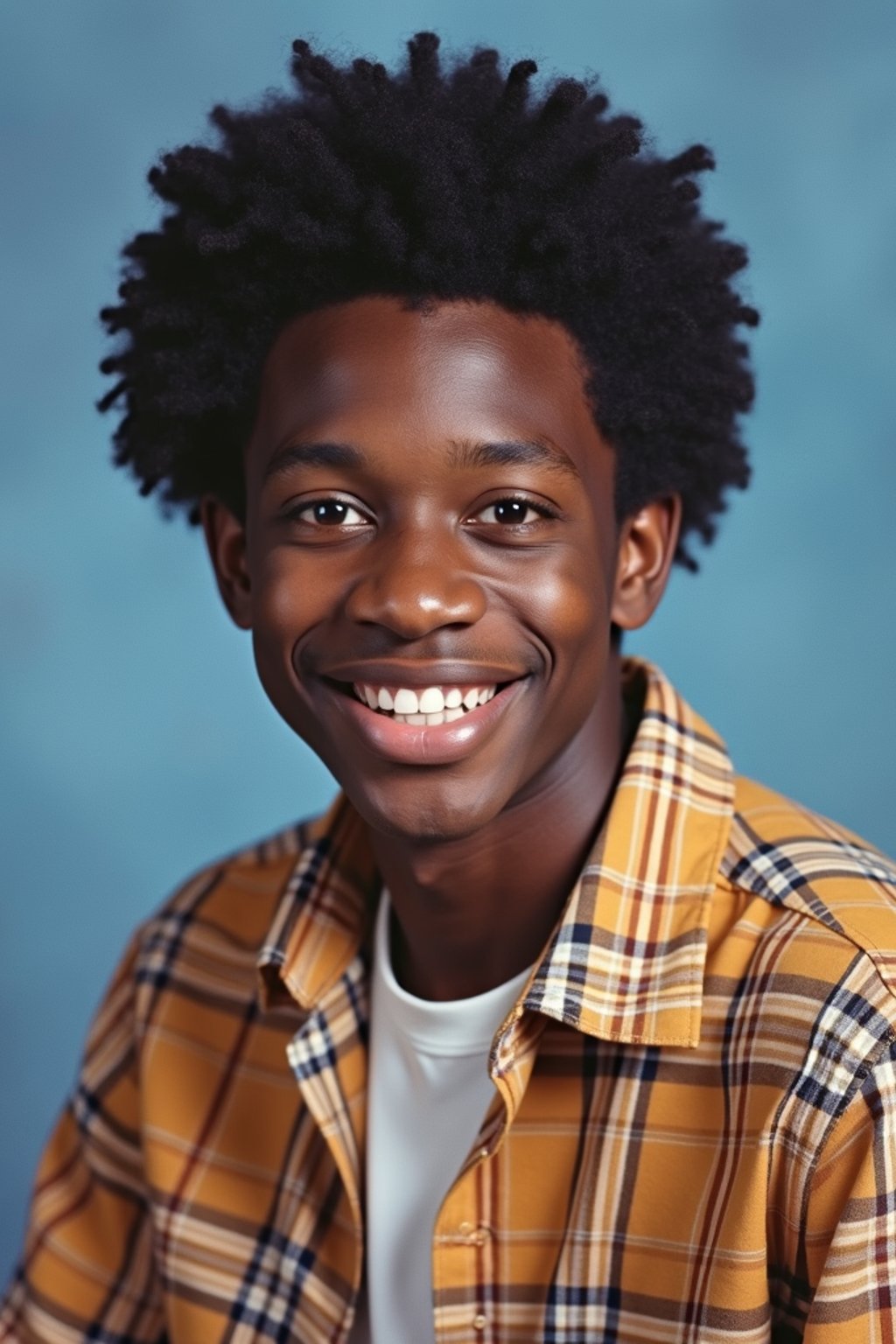 (school portrait) photo headshot of a young 18 y o man in 1990s style, nineties style, 90s, 1990s fashion, 1990s hair, school, man is sitting and posing for a (yearbook) picture, blue yearbook background, official school yearbook photo, man sitting (looking straight into camera), (school shoot), (inside), blue yearbook background