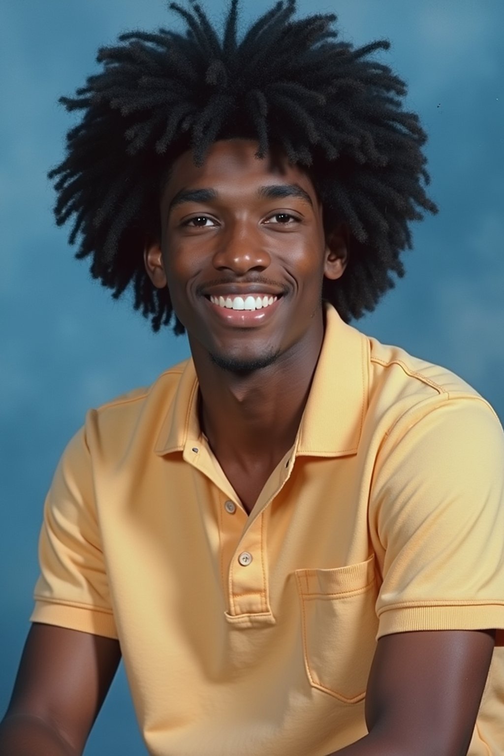 (school portrait) photo headshot of a young 18 y o man in 1990s style, nineties style, 90s, 1990s fashion, 1990s hair, school, man is sitting and posing for a (yearbook) picture, blue yearbook background, official school yearbook photo, man sitting (looking straight into camera), (school shoot), (inside), blue yearbook background