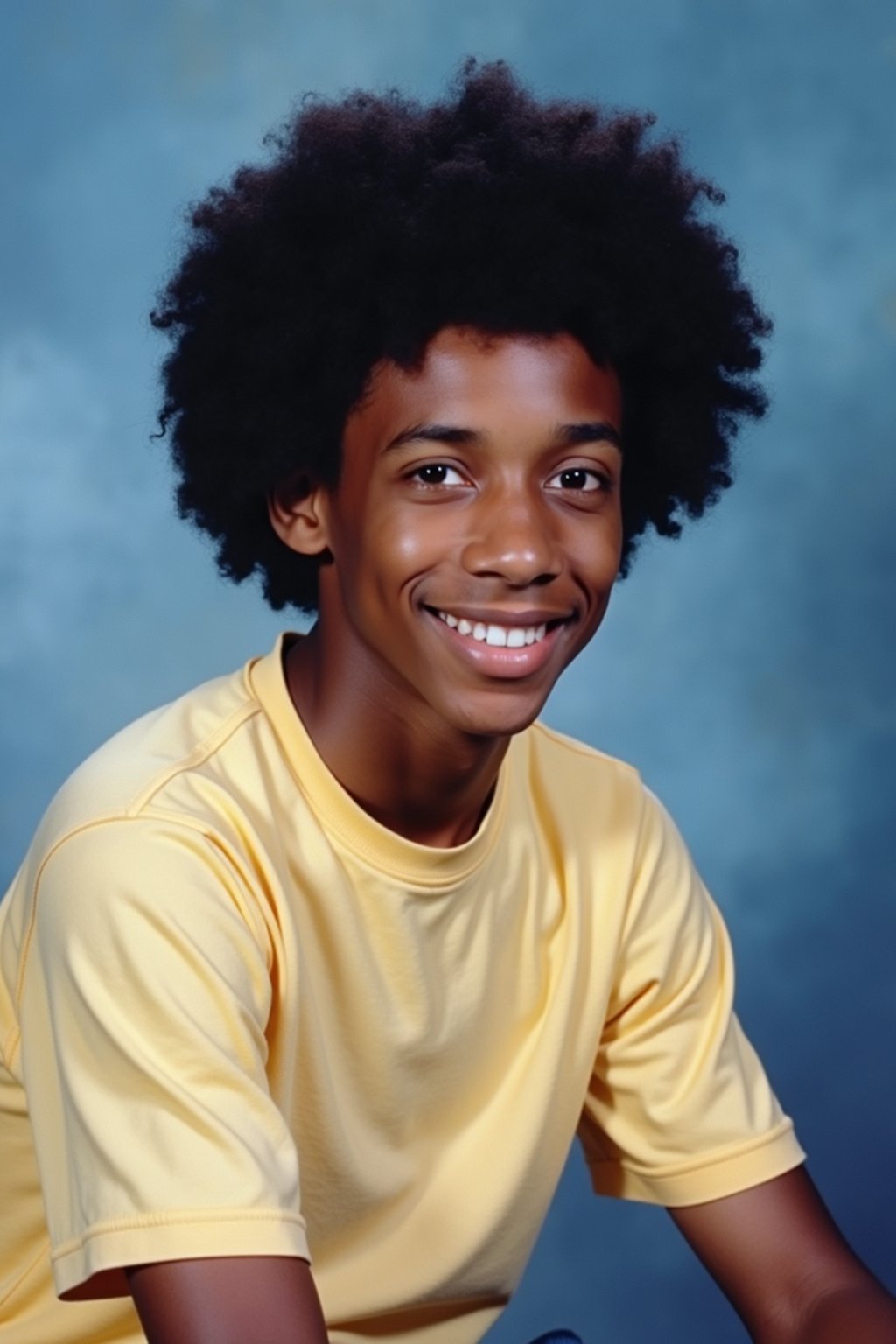 (school portrait) photo headshot of a young 18 y o man in 1990s style, nineties style, 90s, 1990s fashion, 1990s hair, school, man is sitting and posing for a (yearbook) picture, blue yearbook background, official school yearbook photo, man sitting (looking straight into camera), (school shoot), (inside), blue yearbook background