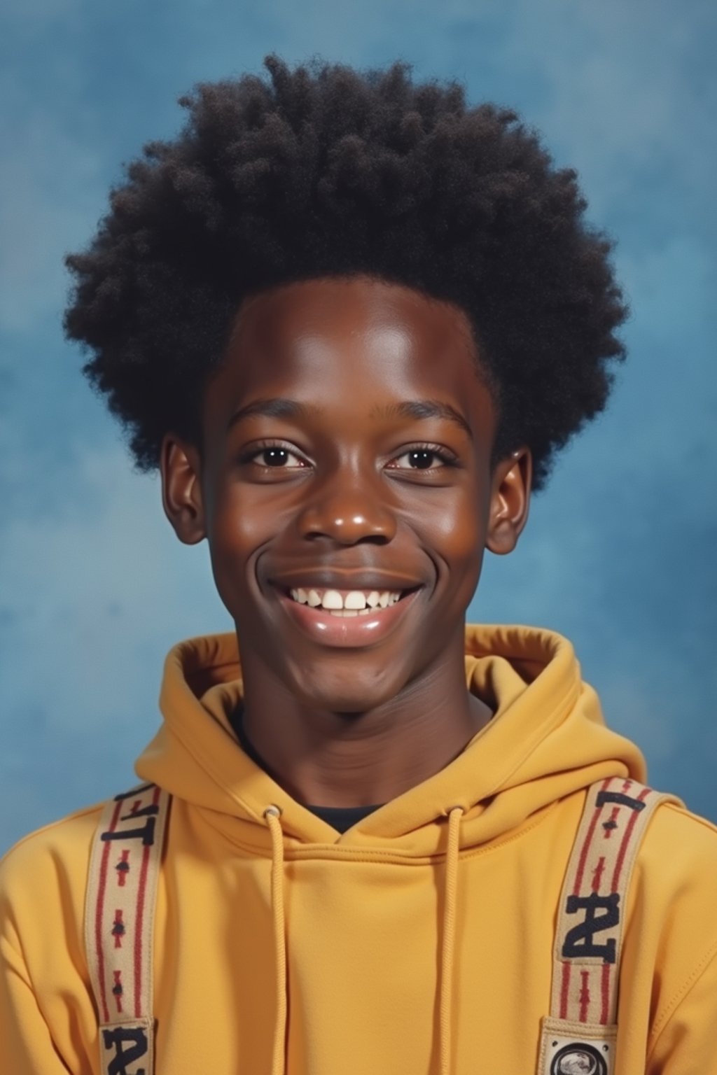 (school portrait) photo headshot of a young 18 y o man in 1990s style, nineties style, 90s, 1990s fashion, 1990s hair, school, man is sitting and posing for a (yearbook) picture, blue yearbook background, official school yearbook photo, man sitting (looking straight into camera), (school shoot), (inside), blue yearbook background