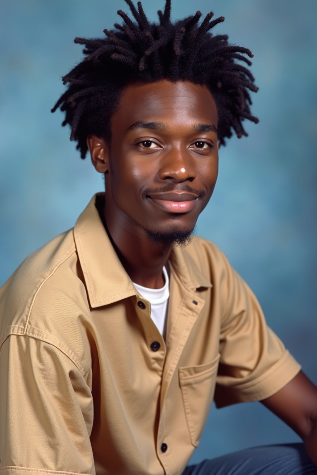 (school portrait) photo headshot of a young 18 y o man in 1990s style, nineties style, 90s, 1990s fashion, 1990s hair, school, man is sitting and posing for a (yearbook) picture, blue yearbook background, official school yearbook photo, man sitting (looking straight into camera), (school shoot), (inside), blue yearbook background