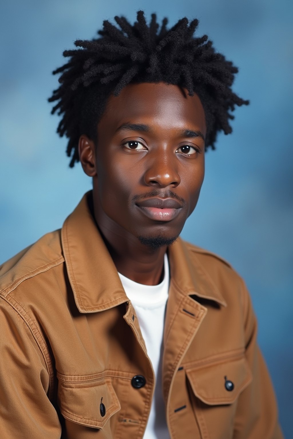 (school portrait) photo headshot of a young 18 y o man in 1990s style, nineties style, 90s, 1990s fashion, 1990s hair, school, man is sitting and posing for a (yearbook) picture, blue yearbook background, official school yearbook photo, man sitting (looking straight into camera), (school shoot), (inside), blue yearbook background