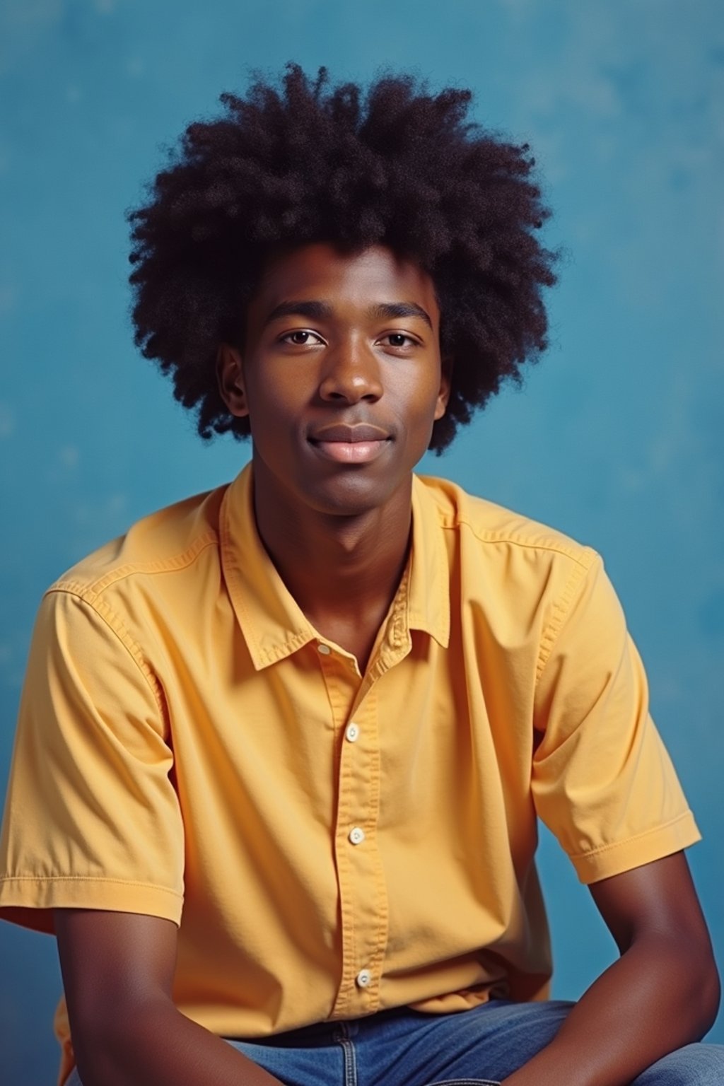 (school portrait) photo headshot of a young 18 y o man in 1990s style, nineties style, 90s, 1990s fashion, 1990s hair, school, man is sitting and posing for a (yearbook) picture, blue yearbook background, official school yearbook photo, man sitting (looking straight into camera), (school shoot), (inside), blue yearbook background