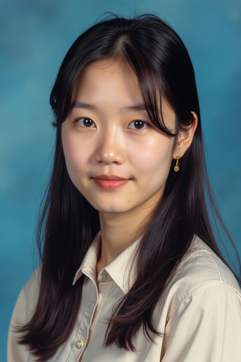 (school portrait) photo headshot of a young 18 y o woman in 1990s style, nineties style, 90s, 1990s fashion, 1990s hair, school, woman is sitting and posing for a (yearbook) picture, blue yearbook background, official school yearbook photo, woman sitting (looking straight into camera), (school shoot), (inside), blue yearbook background