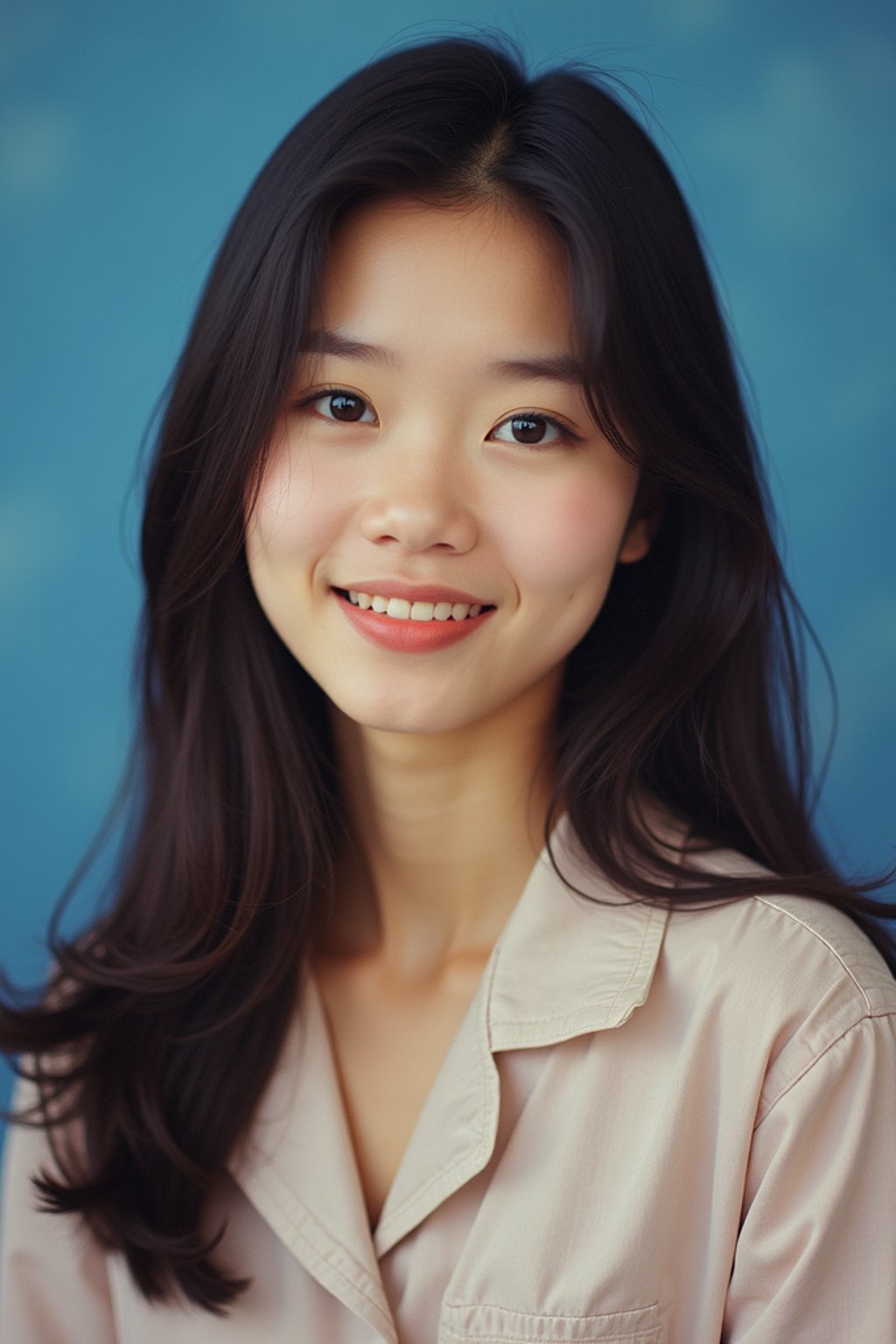 (school portrait) photo headshot of a young 18 y o woman in 1990s style, nineties style, 90s, 1990s fashion, 1990s hair, school, woman is sitting and posing for a (yearbook) picture, blue yearbook background, official school yearbook photo, woman sitting (looking straight into camera), (school shoot), (inside), blue yearbook background